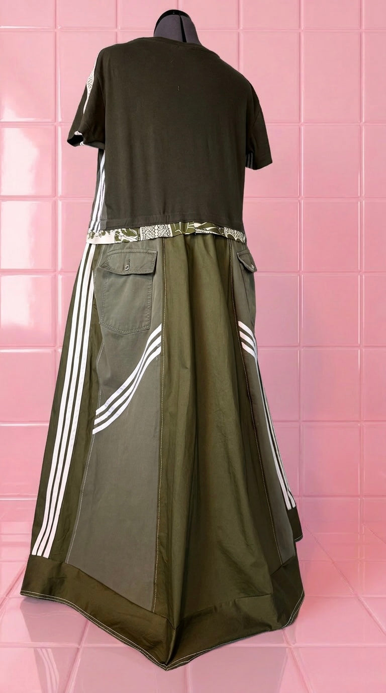 Reworked Adidas Khaki Green Maxi Dress | Oversized Trapeze Cargo Dress | 8 Pocket Utility Dress | Stripe Detail | One Size