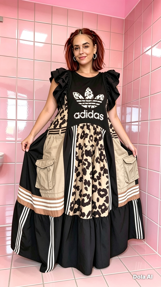 Adidas Reworked Leopard Print Trapeze Maxi Dress | One of a Kind Upcycled Statement Piece | Oversized UK 10–16