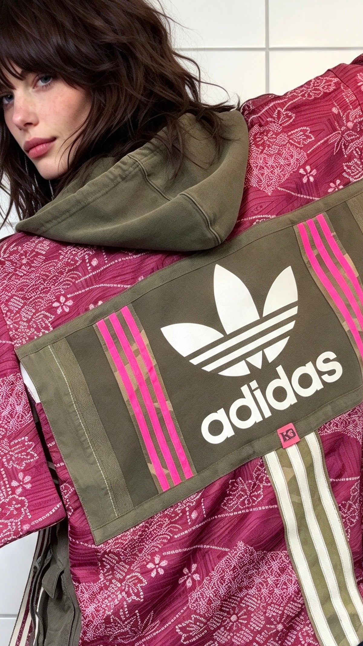 Burgundy Kimono Adidas logo - khaki hooded
