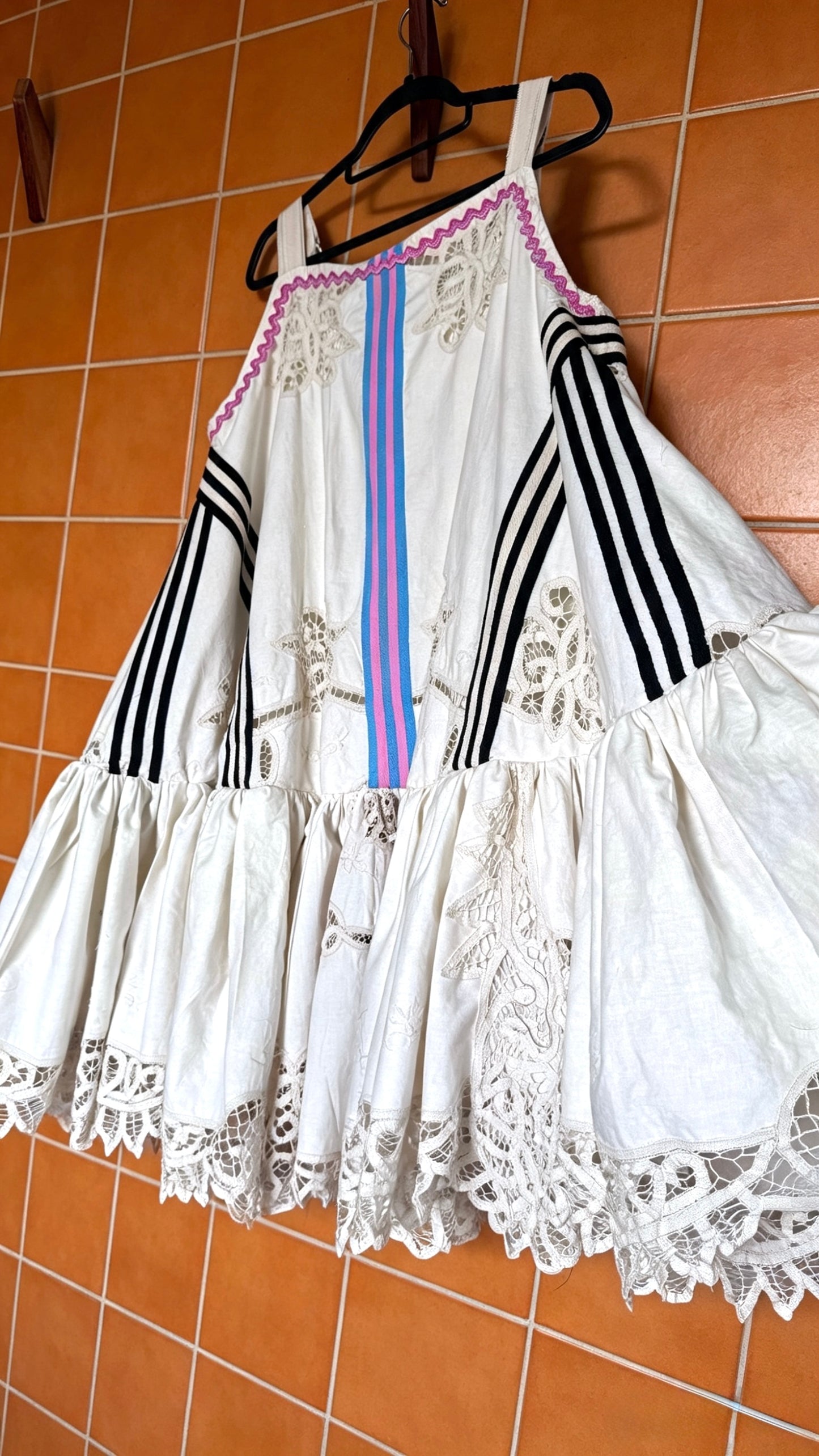 Handmade Vintage Tablecloth Swing Dress | Adjustable Straps | Pockets | Size 12 / Medium