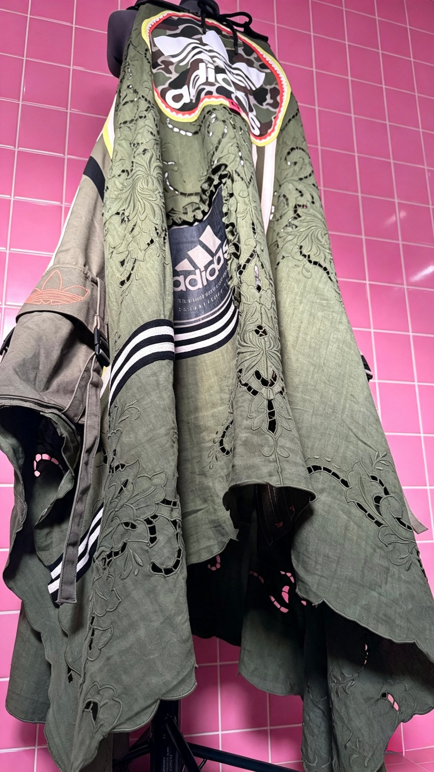 Khaki Camo Adidas Lace Dress | Handmade Upcycled Festival Dress | One Size Utility Swing Dress