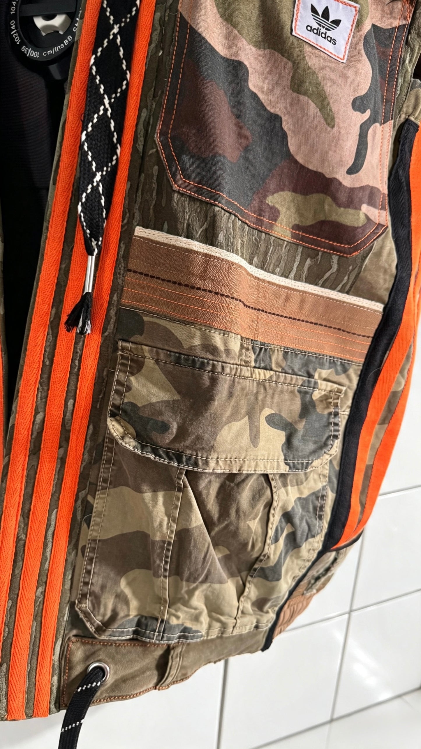 Kimono with Camo print Khaki orange trim Utility pockets and hood