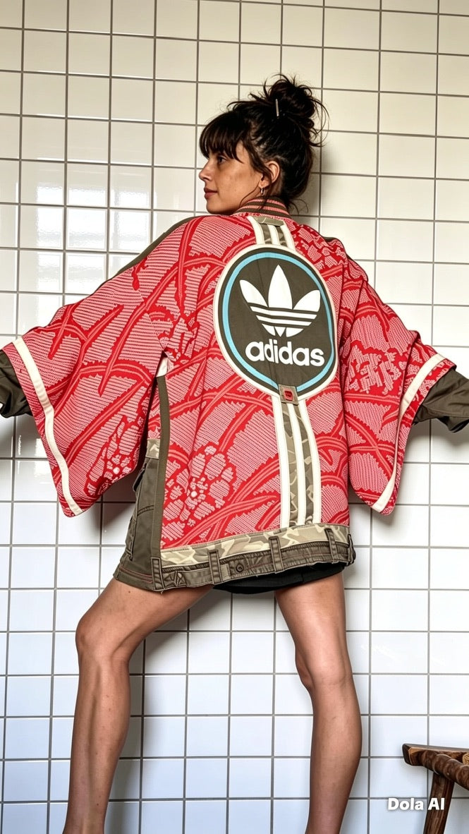 Red & Khaki Kimono silk