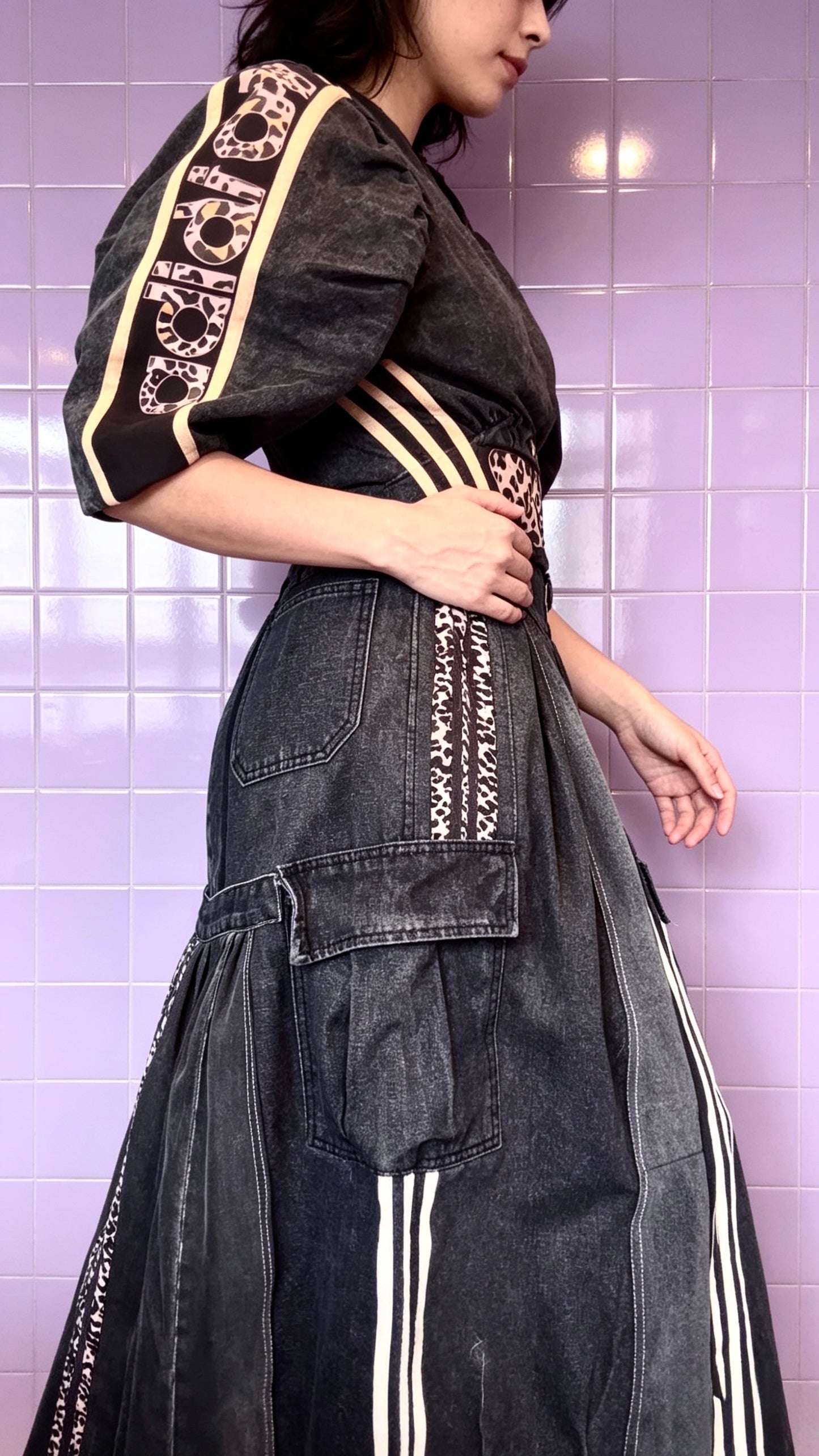denim corset style dress with leopard adidas logo