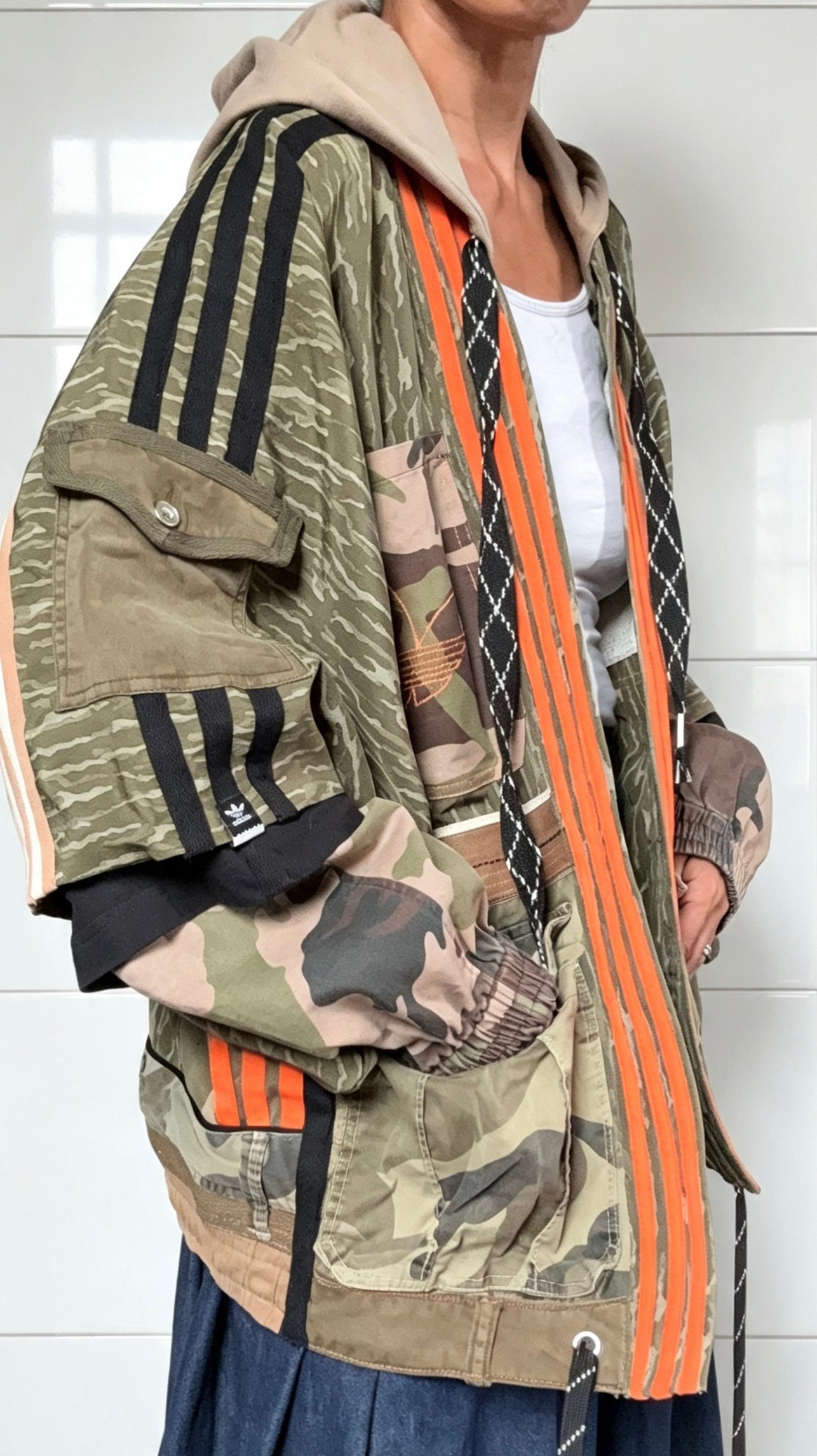 Kimono with Camo print Khaki orange trim Utility pockets and hood