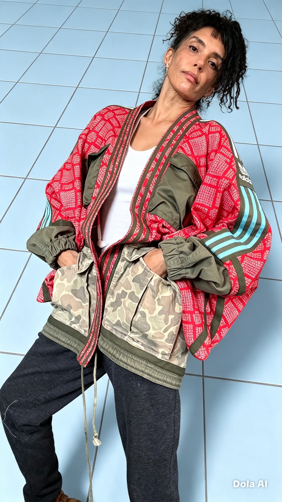 Red Haori kimono with camo utility detailing