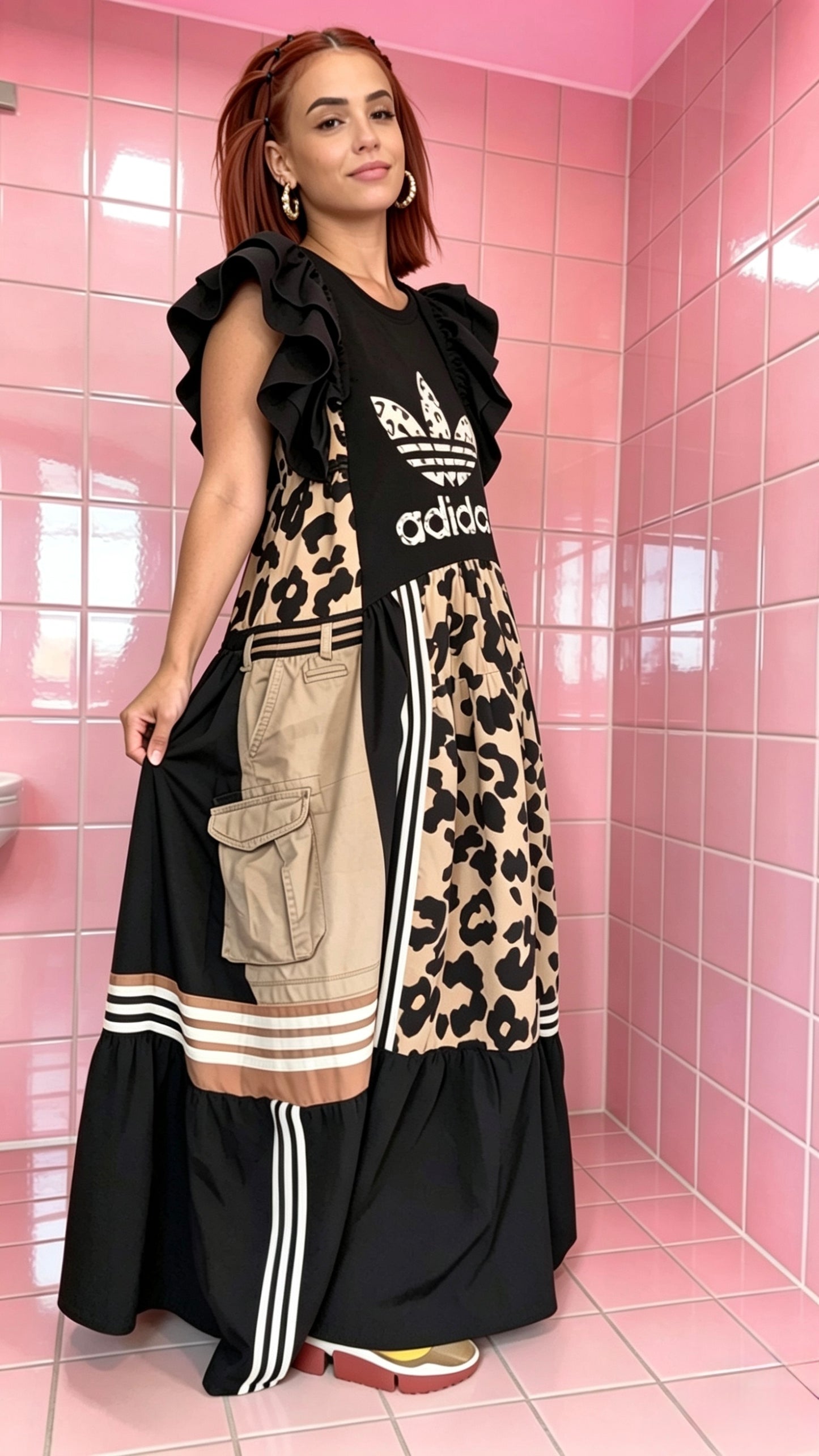 Adidas Reworked Leopard Print Trapeze Maxi Dress | One of a Kind Upcycled Statement Piece | Oversized UK 10–16