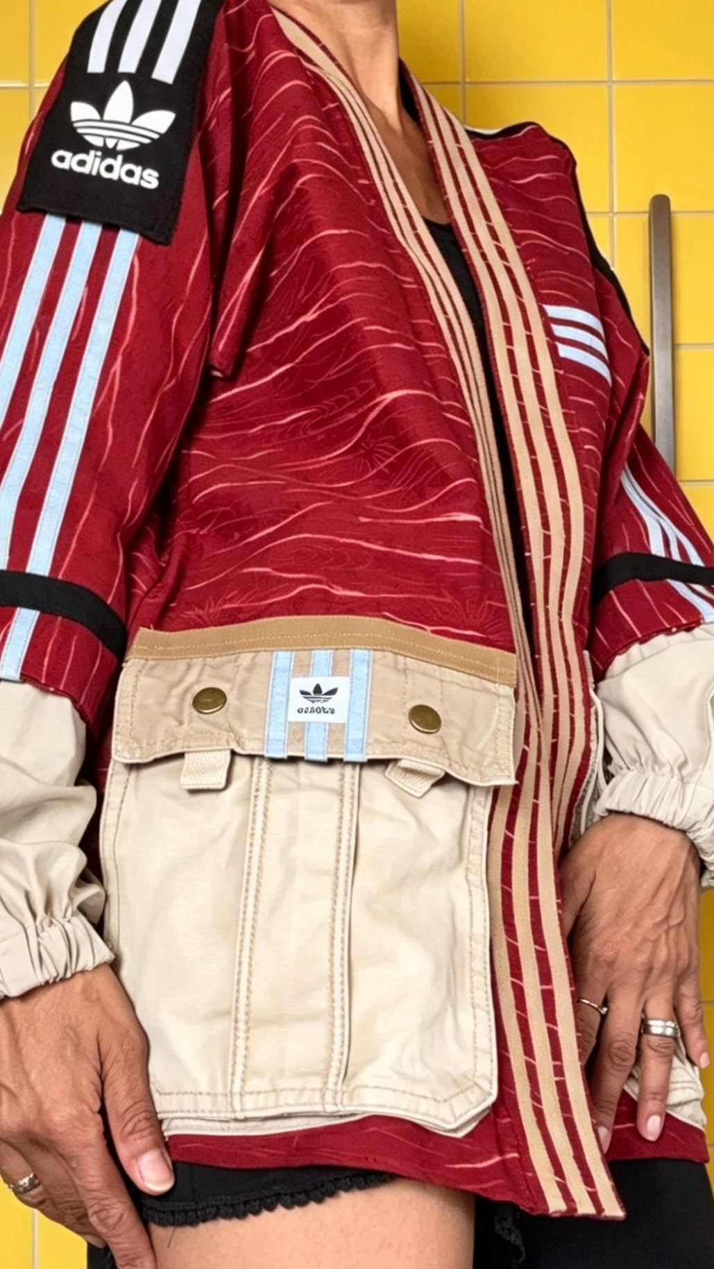 Deep Red Soft Washed Silk Kimono Cargo Jacket | Handmade Reworked Adidas Luxury Streetwear