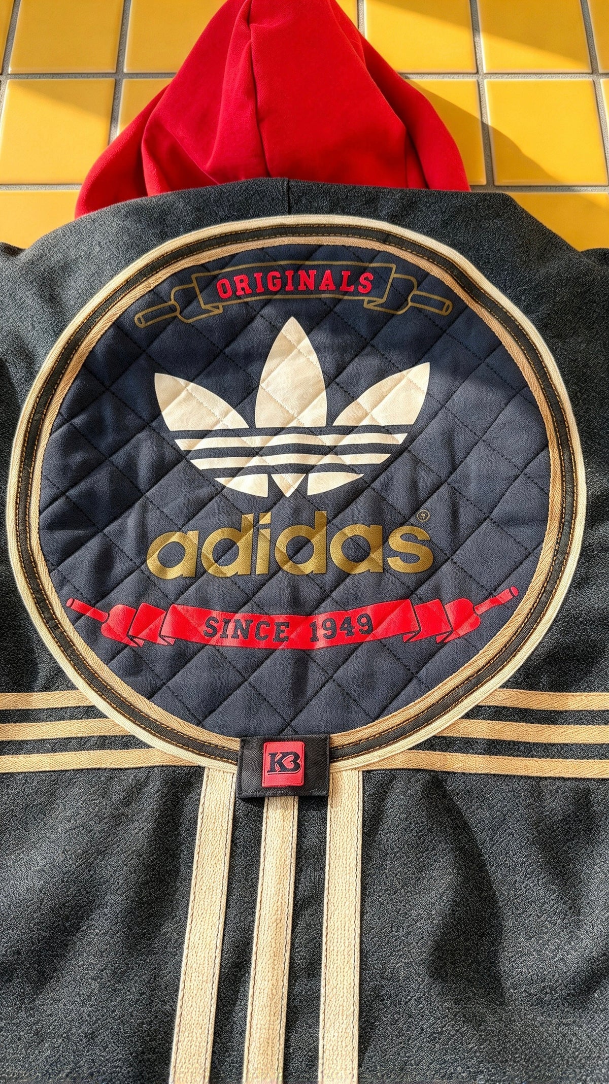 Oversized Wool Adidas Kimono – Hooded Retro Patchwork Utility Coat BLUE & RED