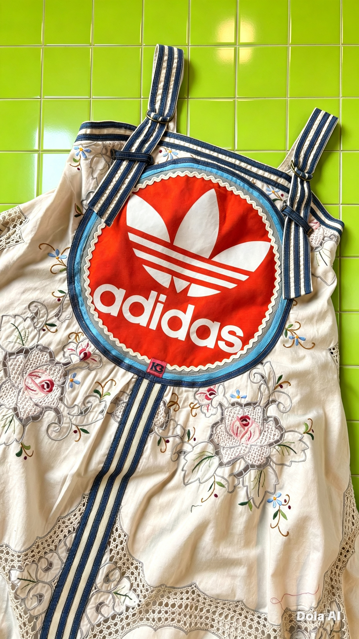 vintage cotton and lace embroidered Adidas logo dress with denim trim