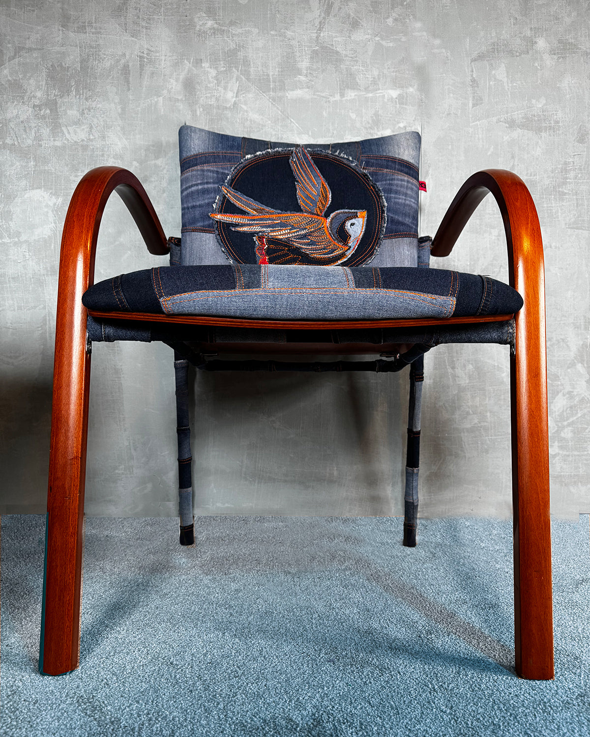 Denim chair with embroidered bird, patchwork denim, office chair
