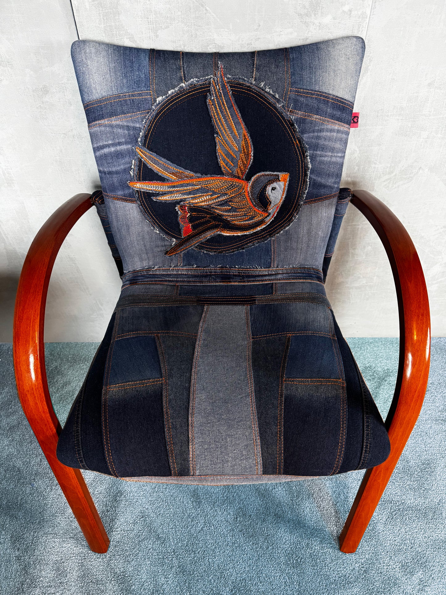 Denim chair with embroidered bird, patchwork denim, office chair