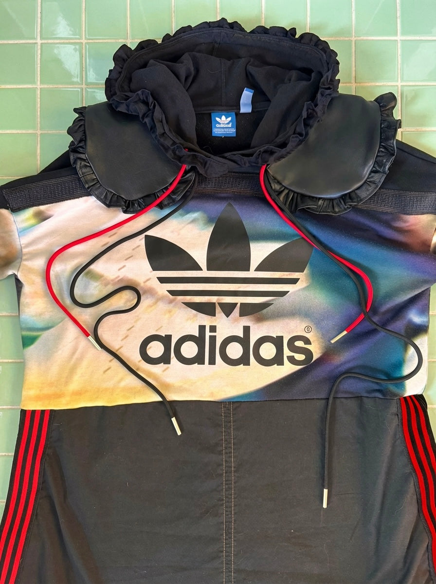Adidas Hooded dress- reworked with detachable leather collar