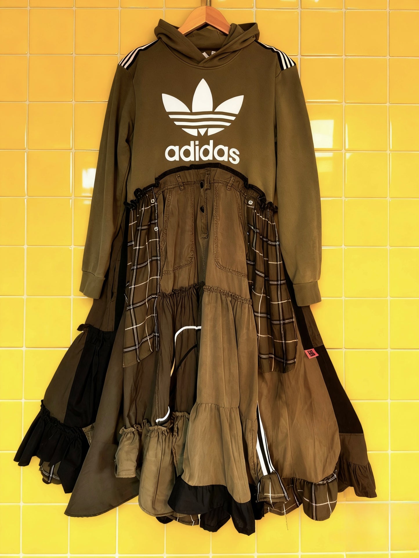 Adidas-khaki patchwork, check and plain hoodie- Handmade