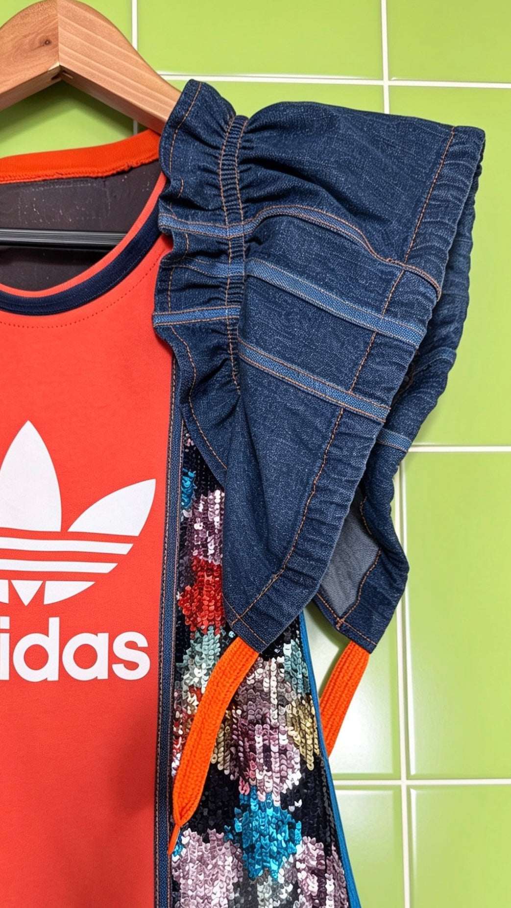 Reworked Adidas Denim & Sequin Mini Dress/adidas | Festival Dress | Puff Sleeve | One of a Kind Upcycled Fashion
