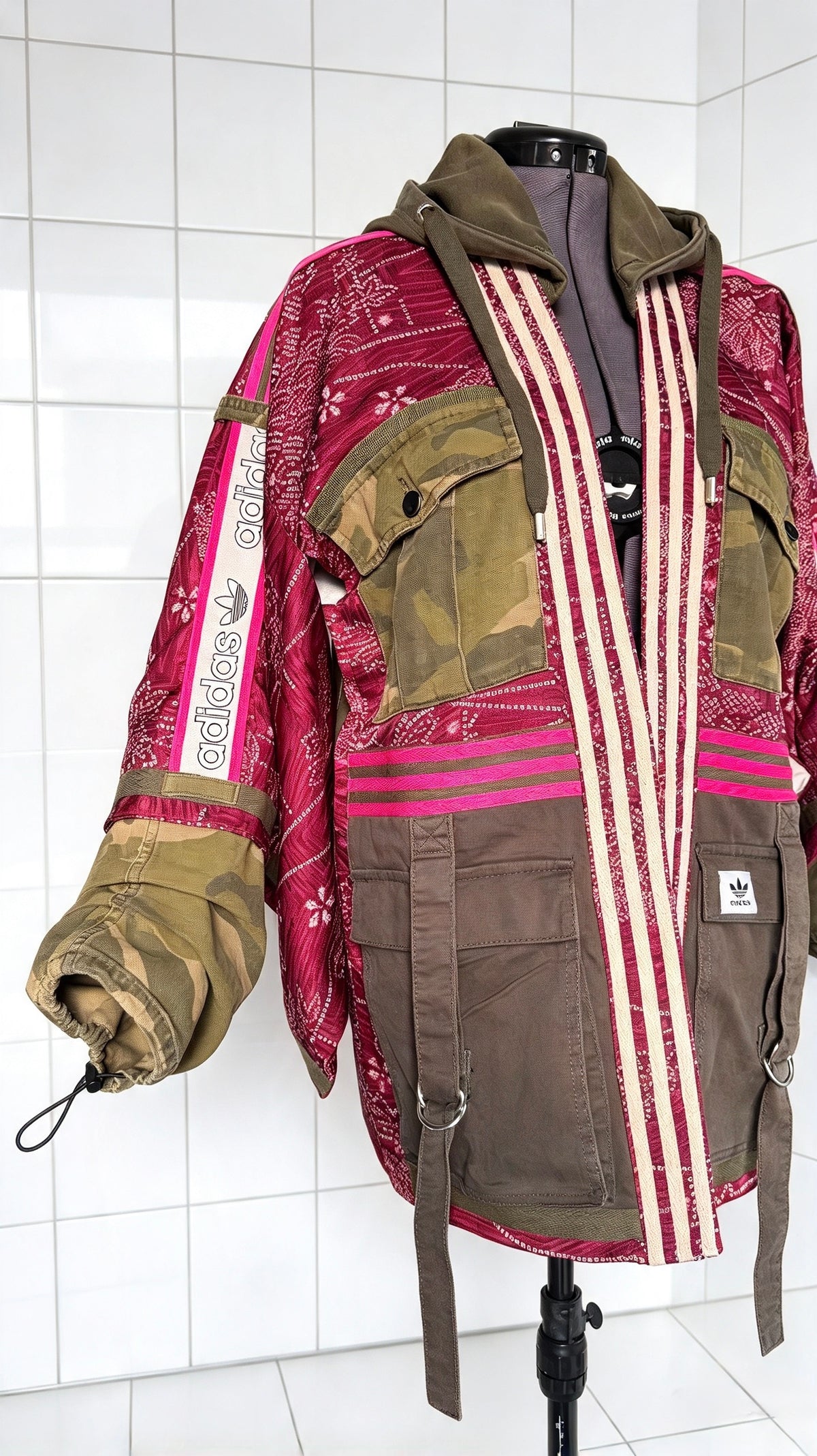 Burgundy Kimono Adidas logo - khaki hooded