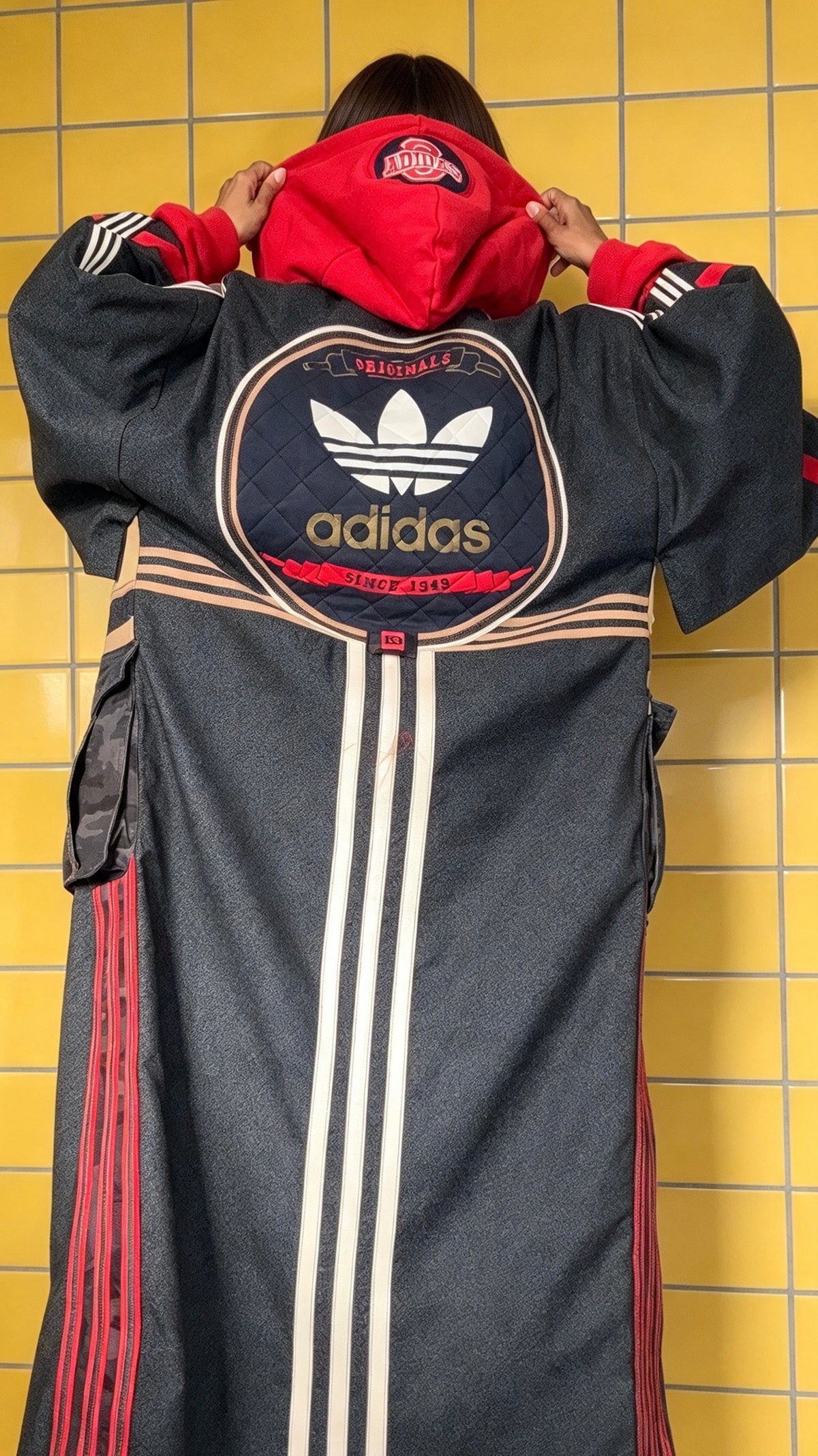 Oversized Wool Adidas Kimono – Hooded Retro Patchwork Utility Coat BLUE & RED