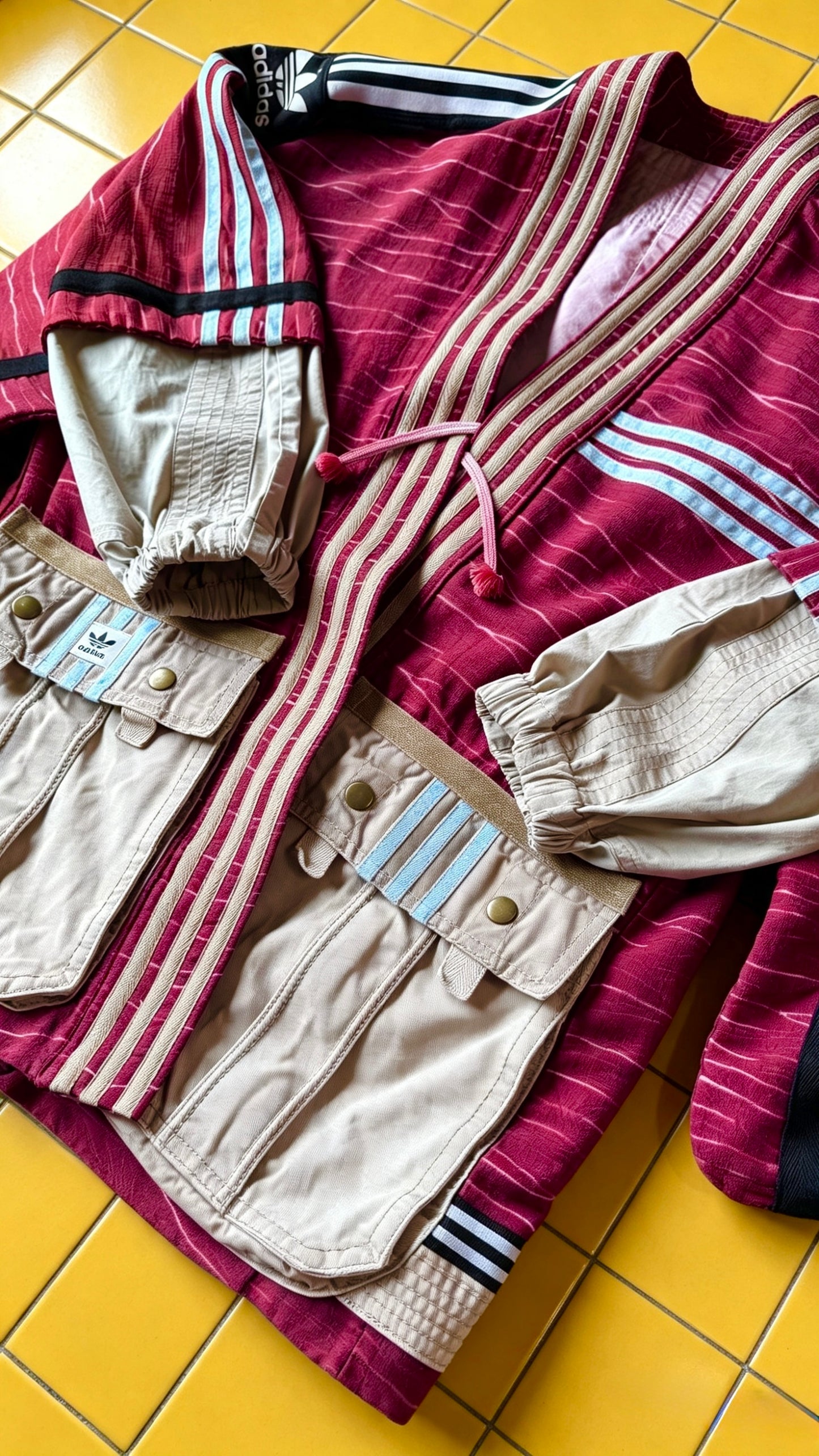 Deep Red Soft Washed Silk Kimono Cargo Jacket | Handmade Reworked Adidas Luxury Streetwear