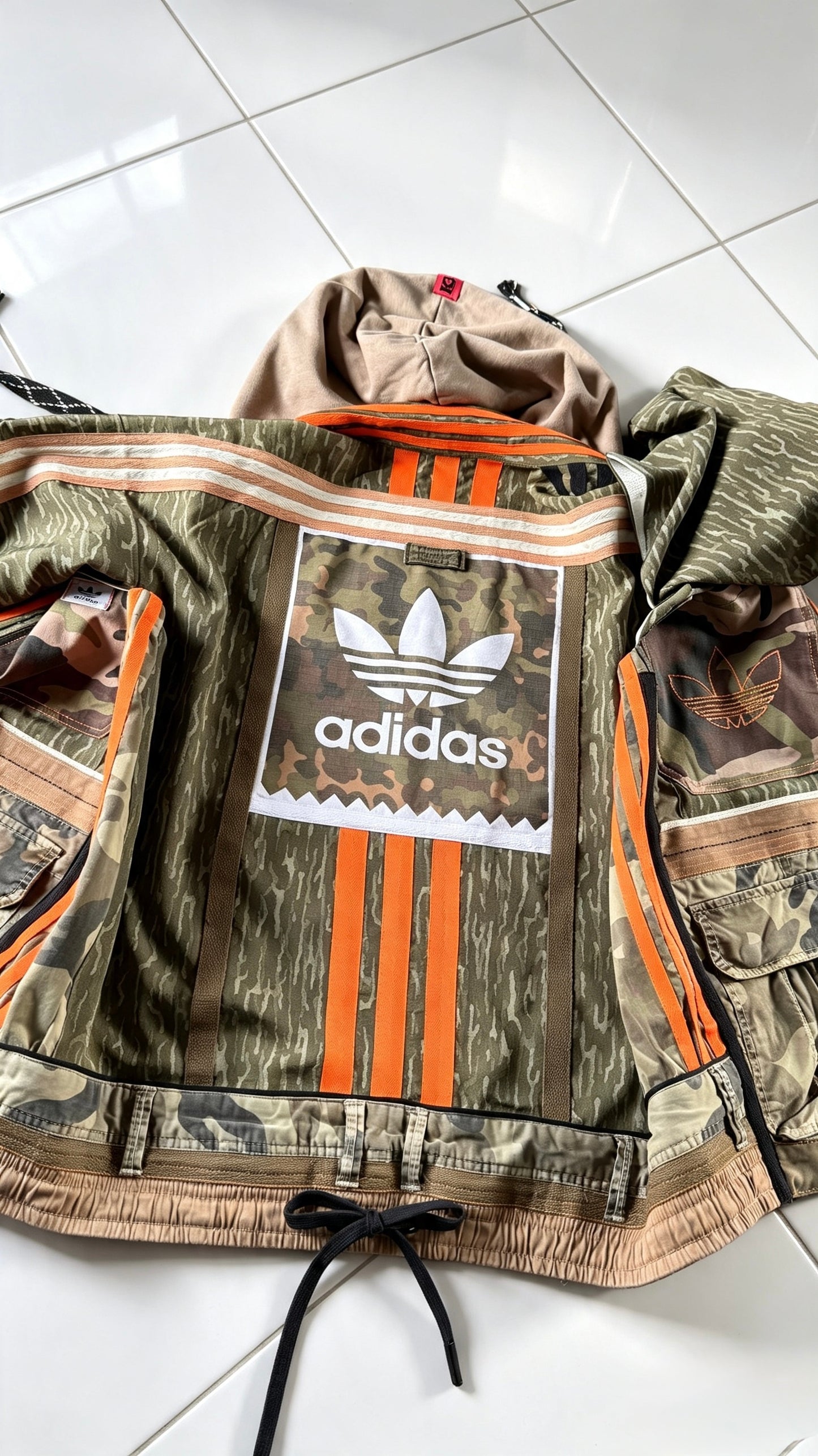Kimono with Camo print Khaki orange trim Utility pockets and hood