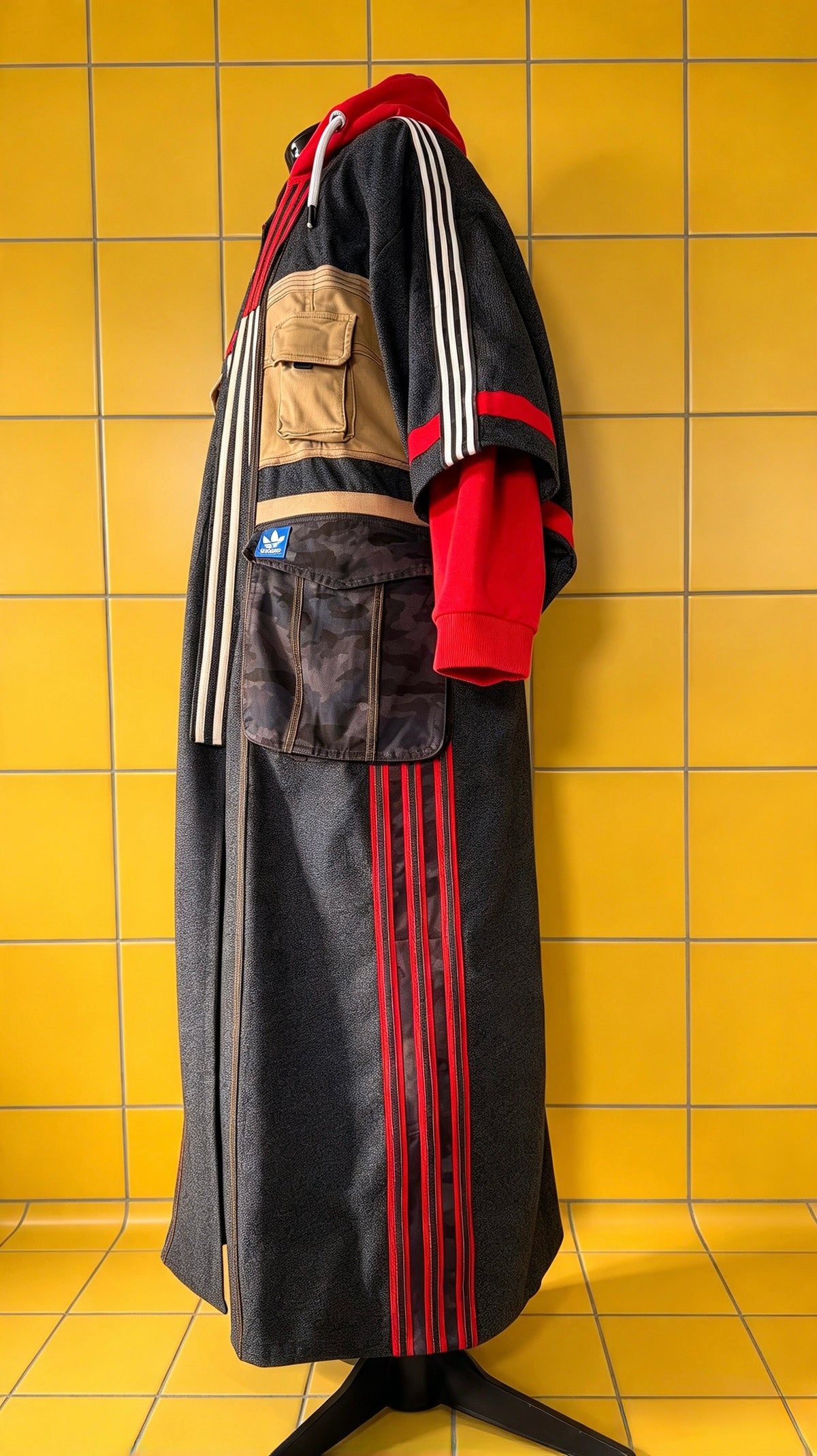 Oversized Wool Adidas Kimono – Hooded Retro Patchwork Utility Coat BLUE & RED