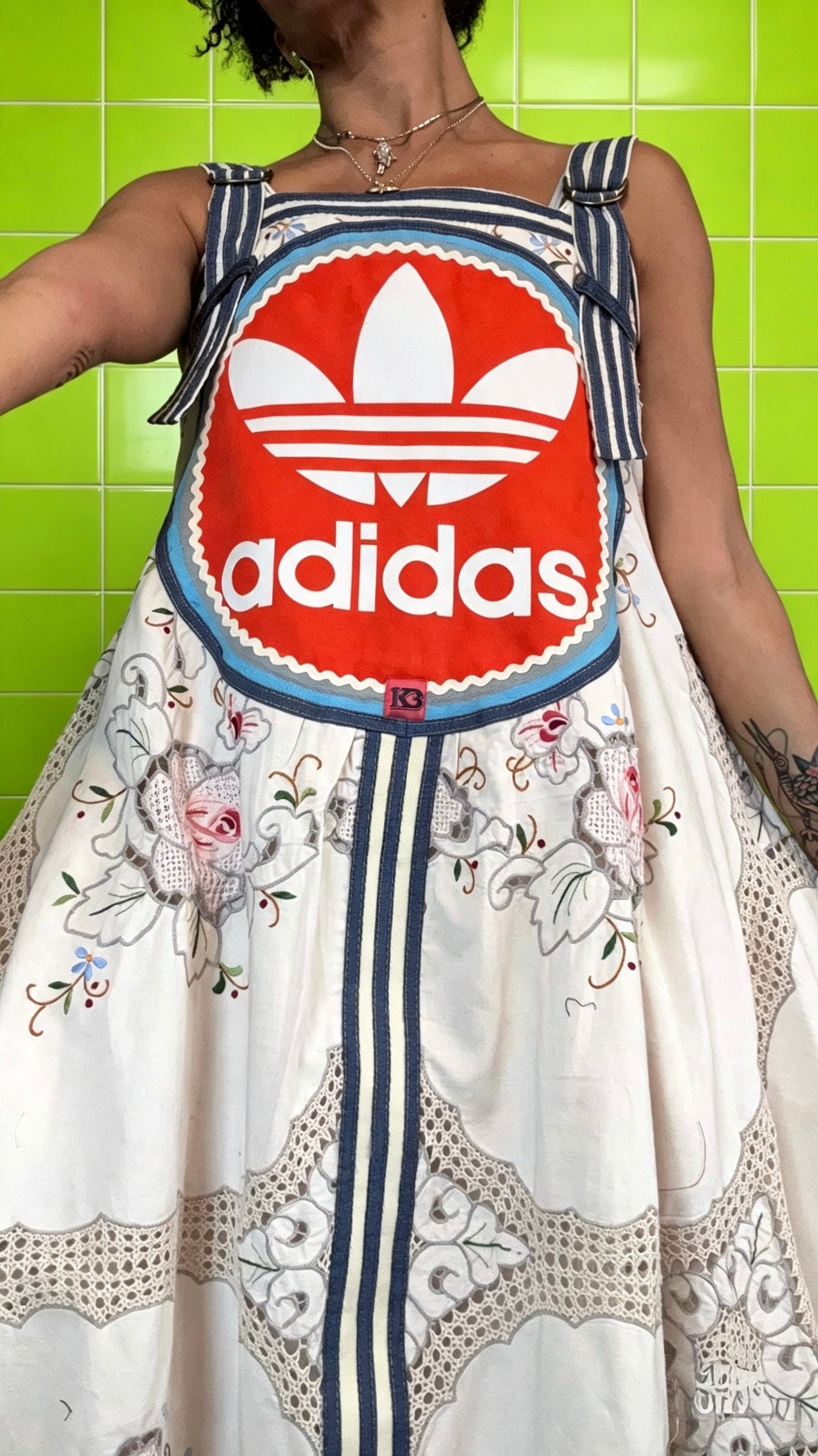 vintage cotton and lace embroidered Adidas logo dress with denim trim