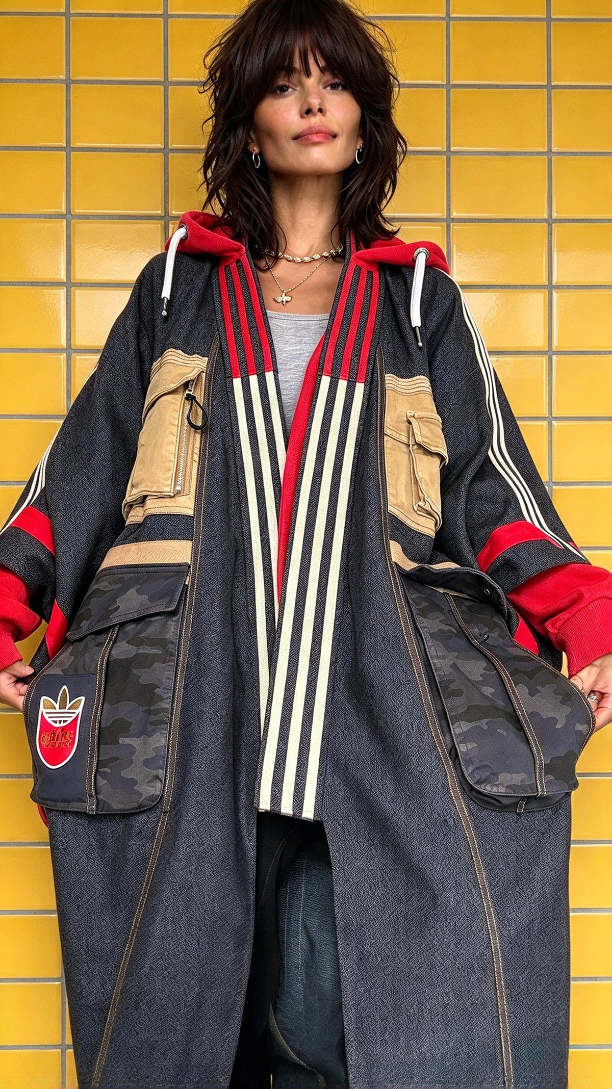 Oversized Wool Adidas Kimono – Hooded Retro Patchwork Utility Coat BLUE & RED
