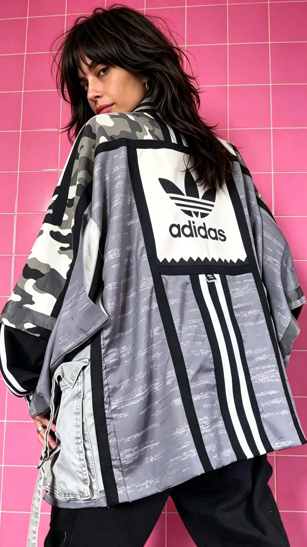 Blue/Grey, Black, White &amp; Grey Haori Kimono with Grey Cargo Detailing
