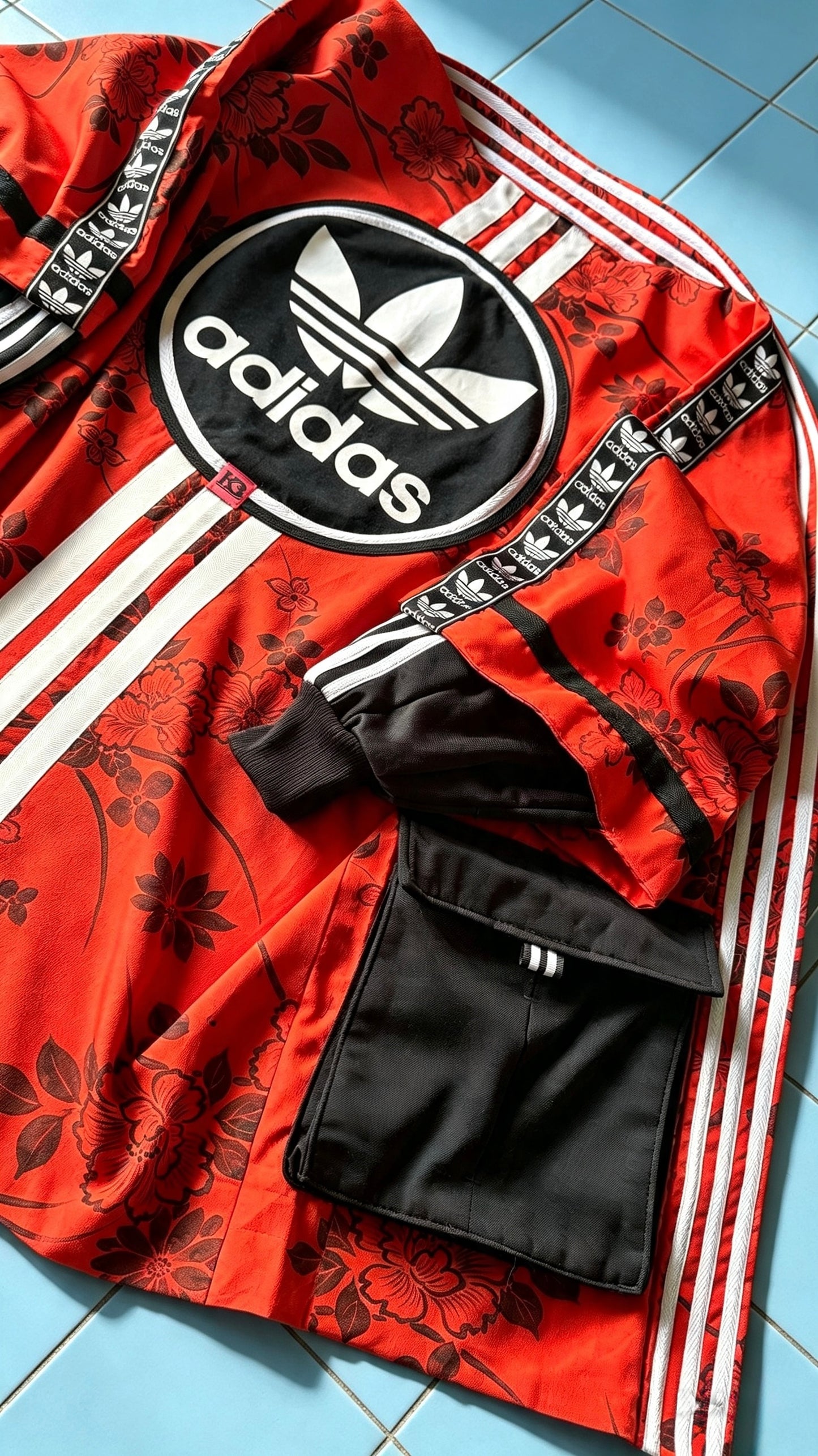 Deep Orange Floral Silk Kimono — Adidas Rework