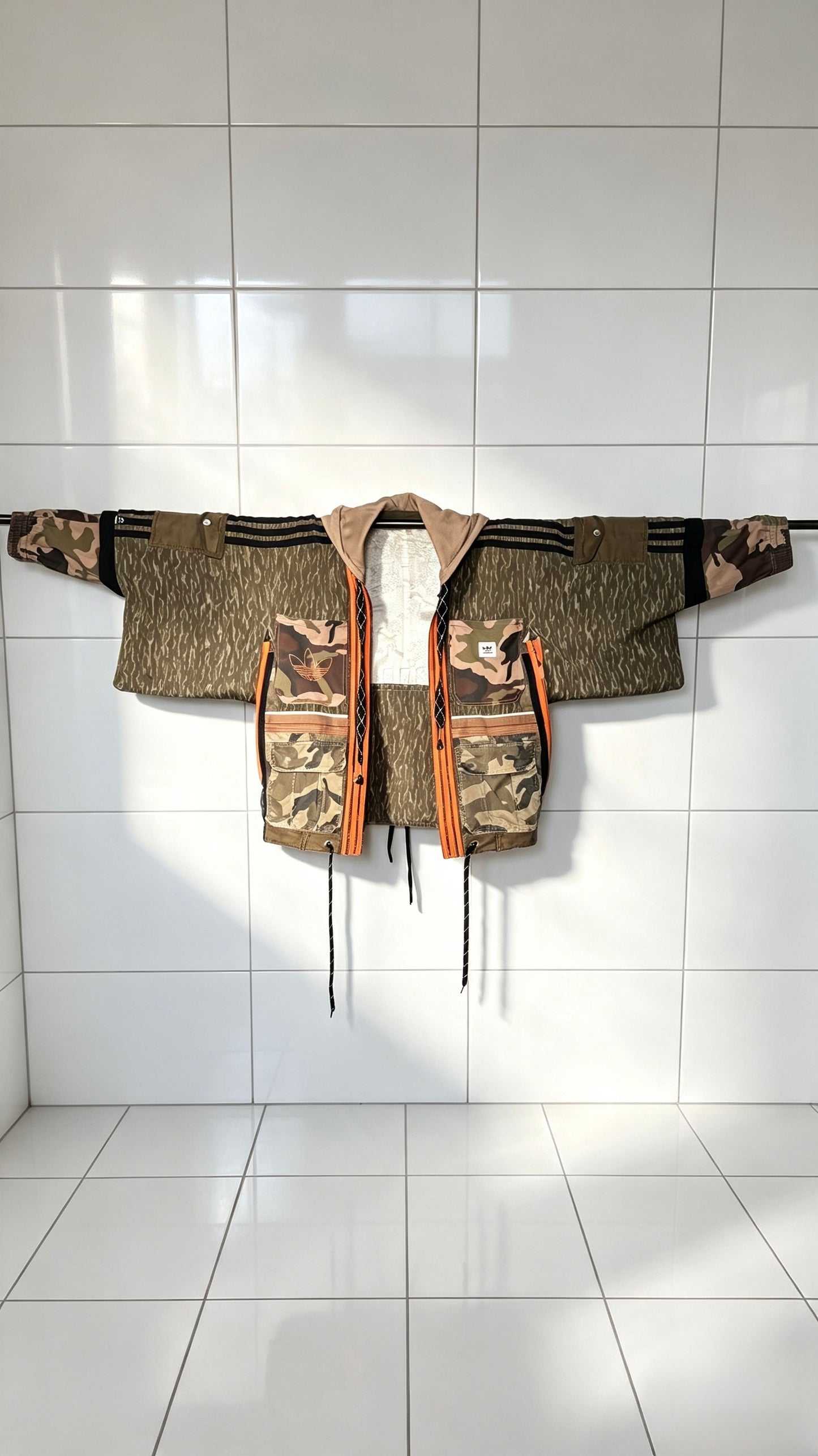 Kimono with Camo print Khaki orange trim Utility pockets and hood