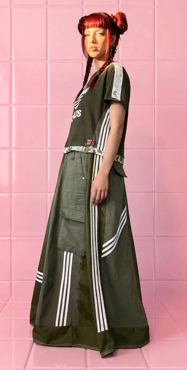 Reworked Adidas Khaki Green Maxi Dress | Oversized Trapeze Cargo Dress | 8 Pocket Utility Dress | Stripe Detail | One Size
