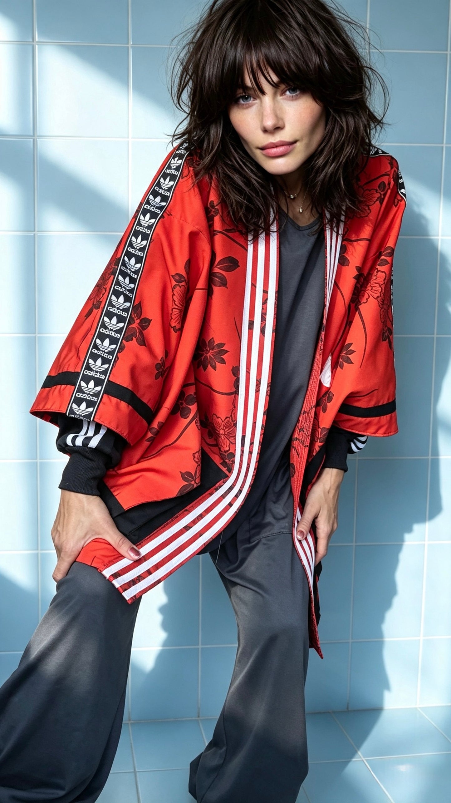 Deep Orange Floral Silk Kimono — Adidas Rework