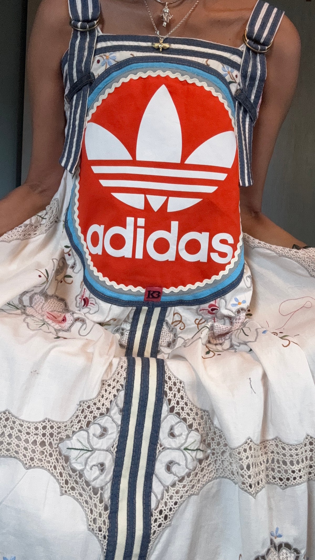 vintage cotton and lace embroidered Adidas logo dress with denim trim