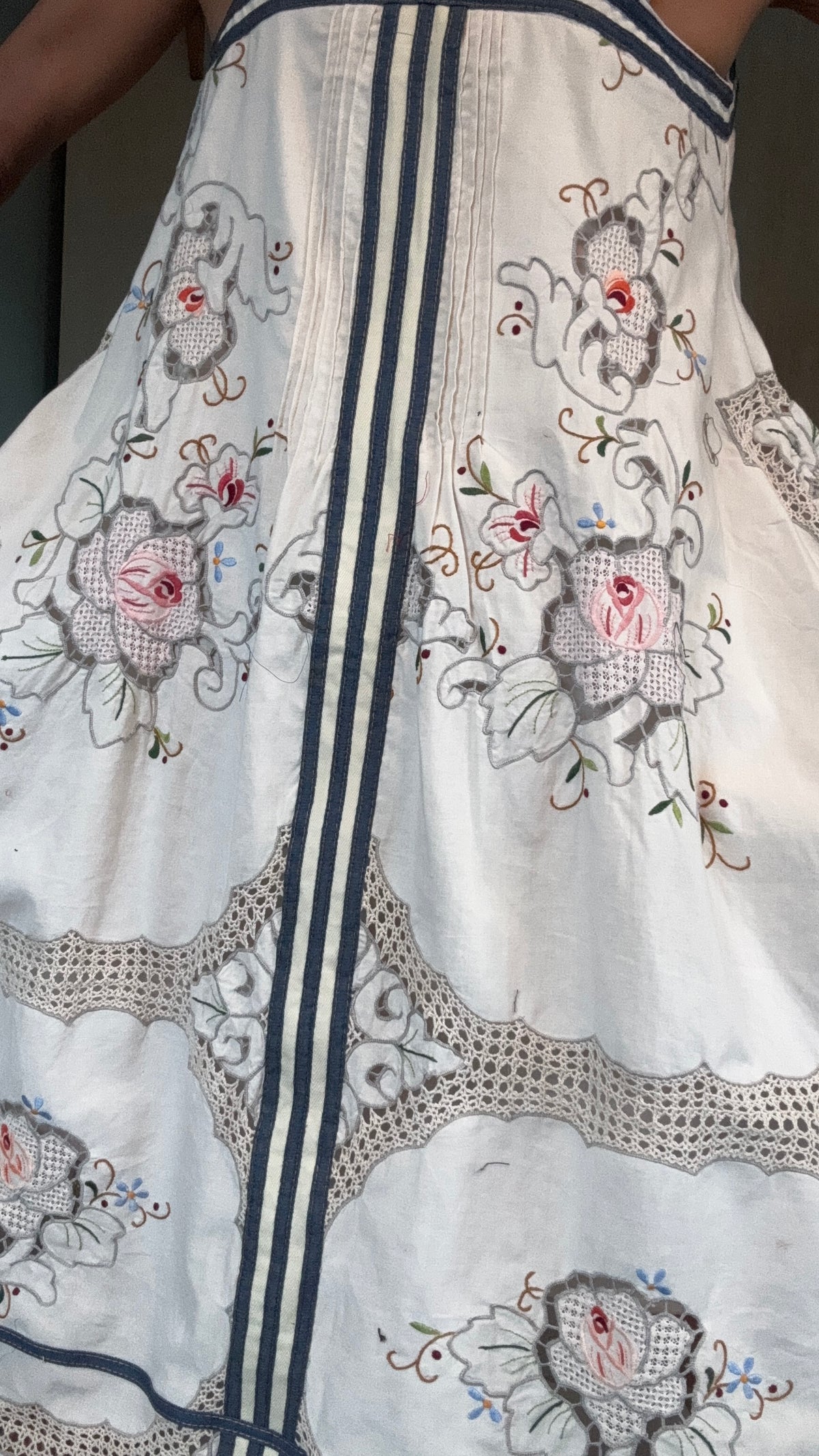 vintage cotton and lace embroidered Adidas logo dress with denim trim