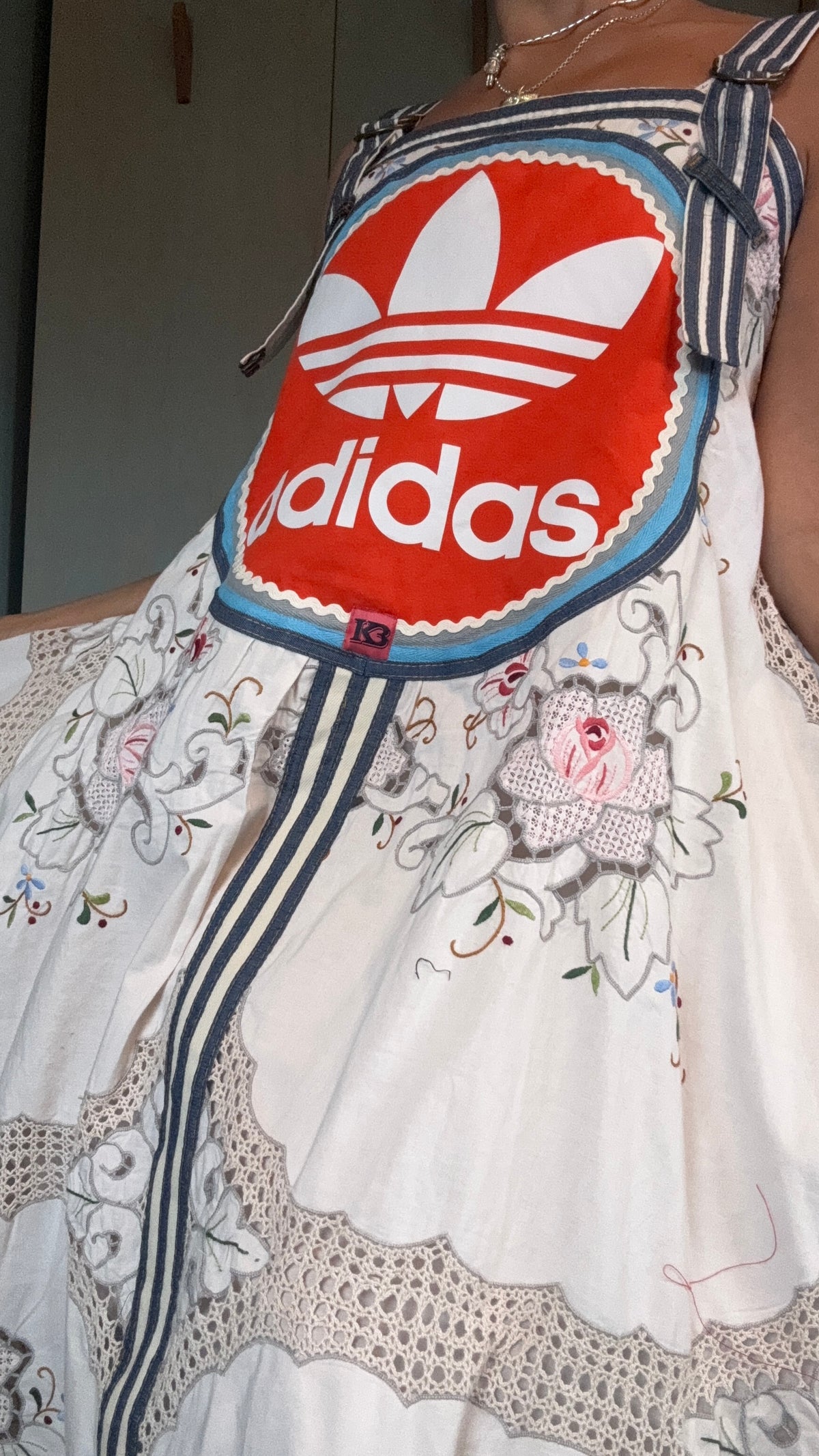 vintage cotton and lace embroidered Adidas logo dress with denim trim