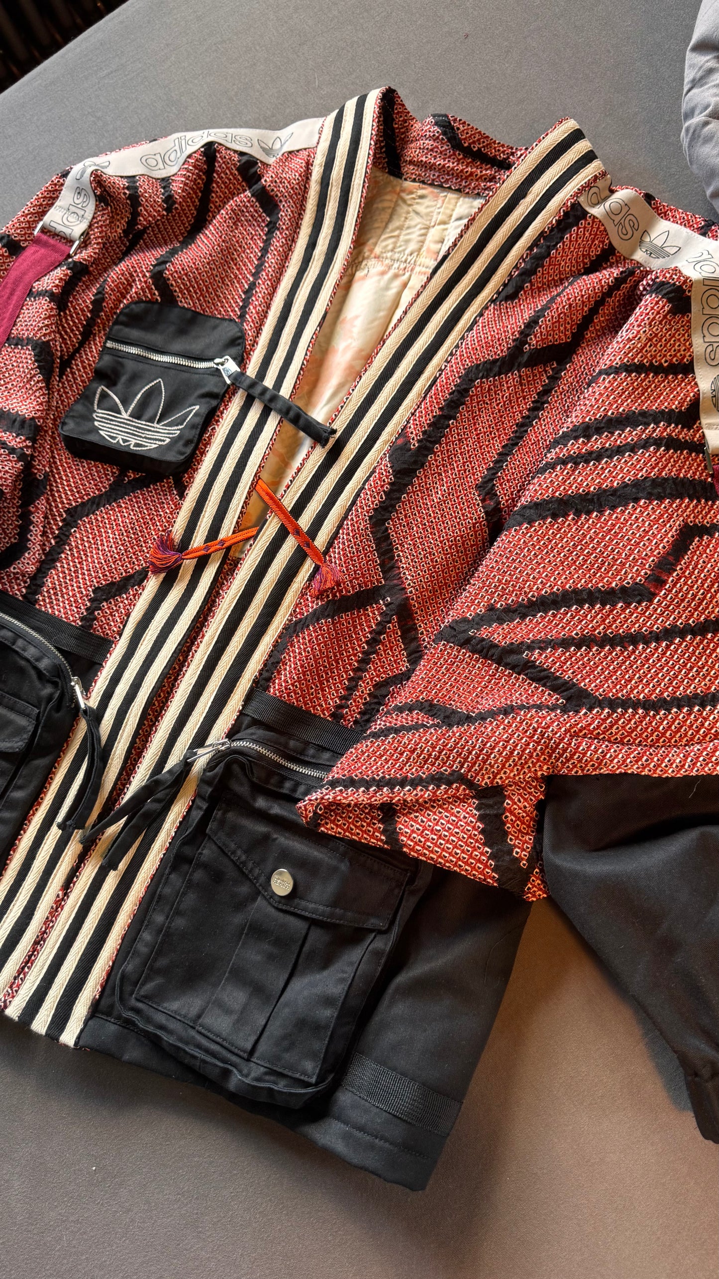 Red, Black &amp; Ivory Haori Kimono with Black Cargo Detailing