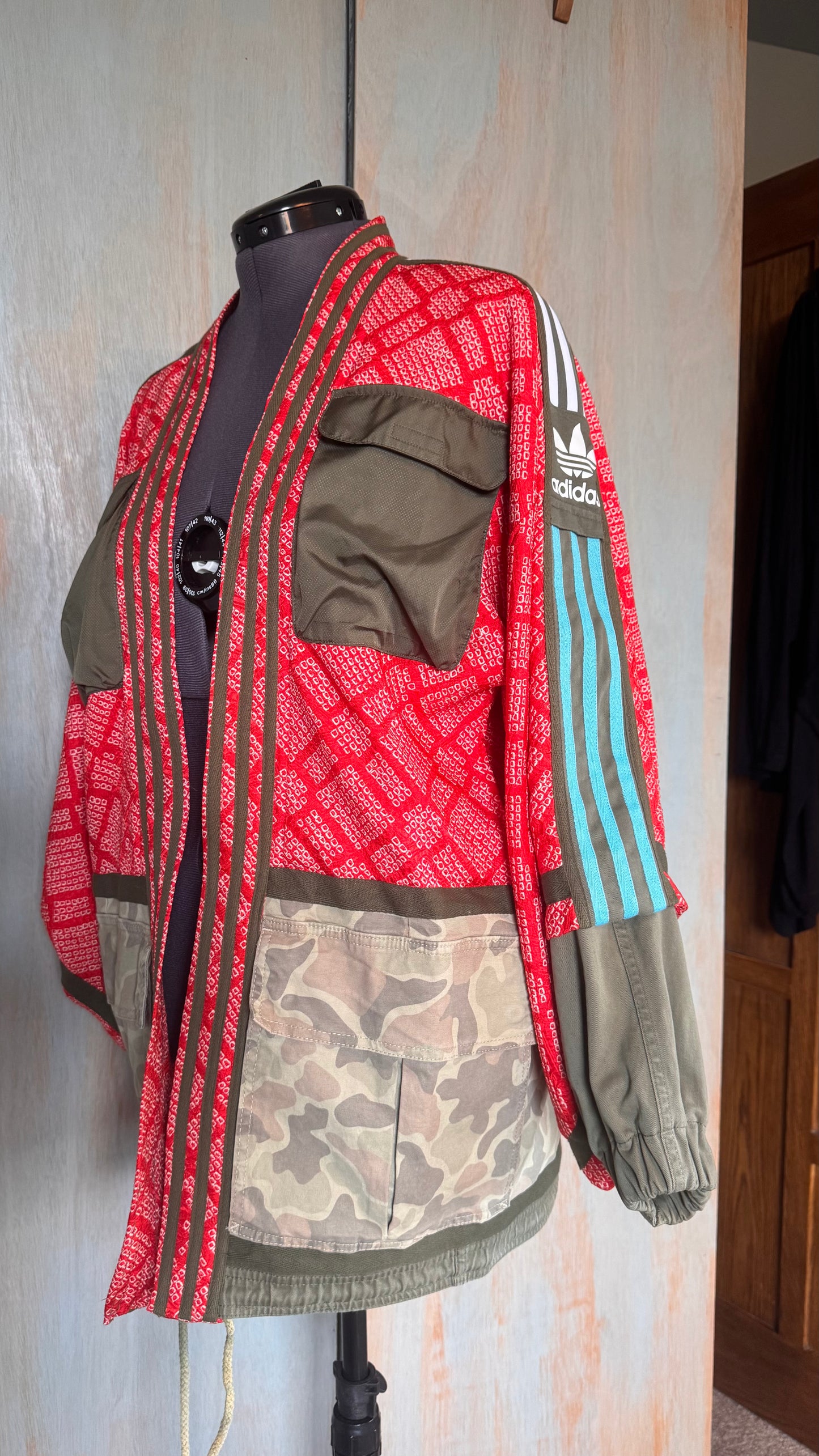 Red Haori kimono with camo utility detailing