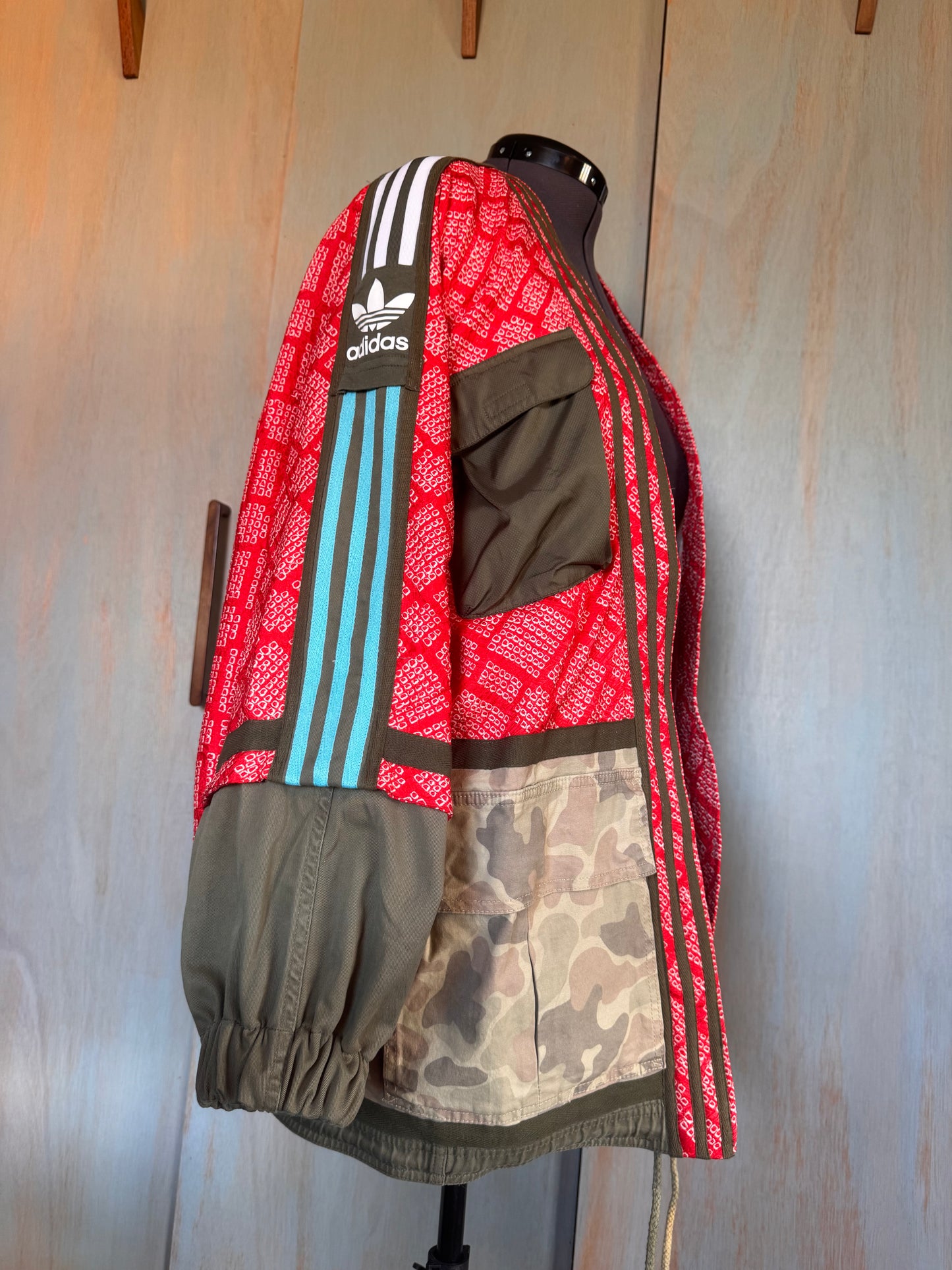 Red Haori kimono with camo utility detailing