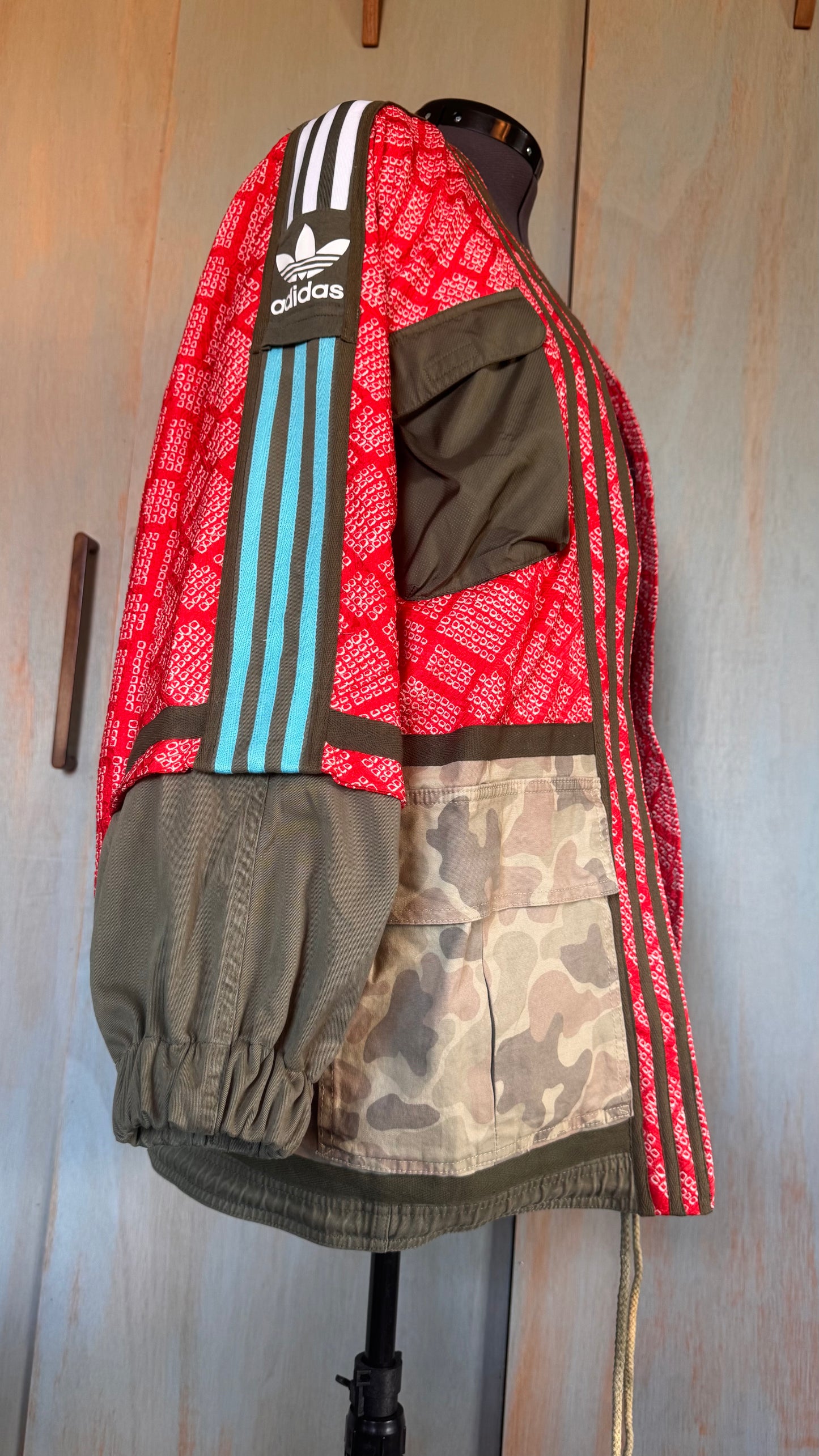 Red Haori kimono with camo utility detailing