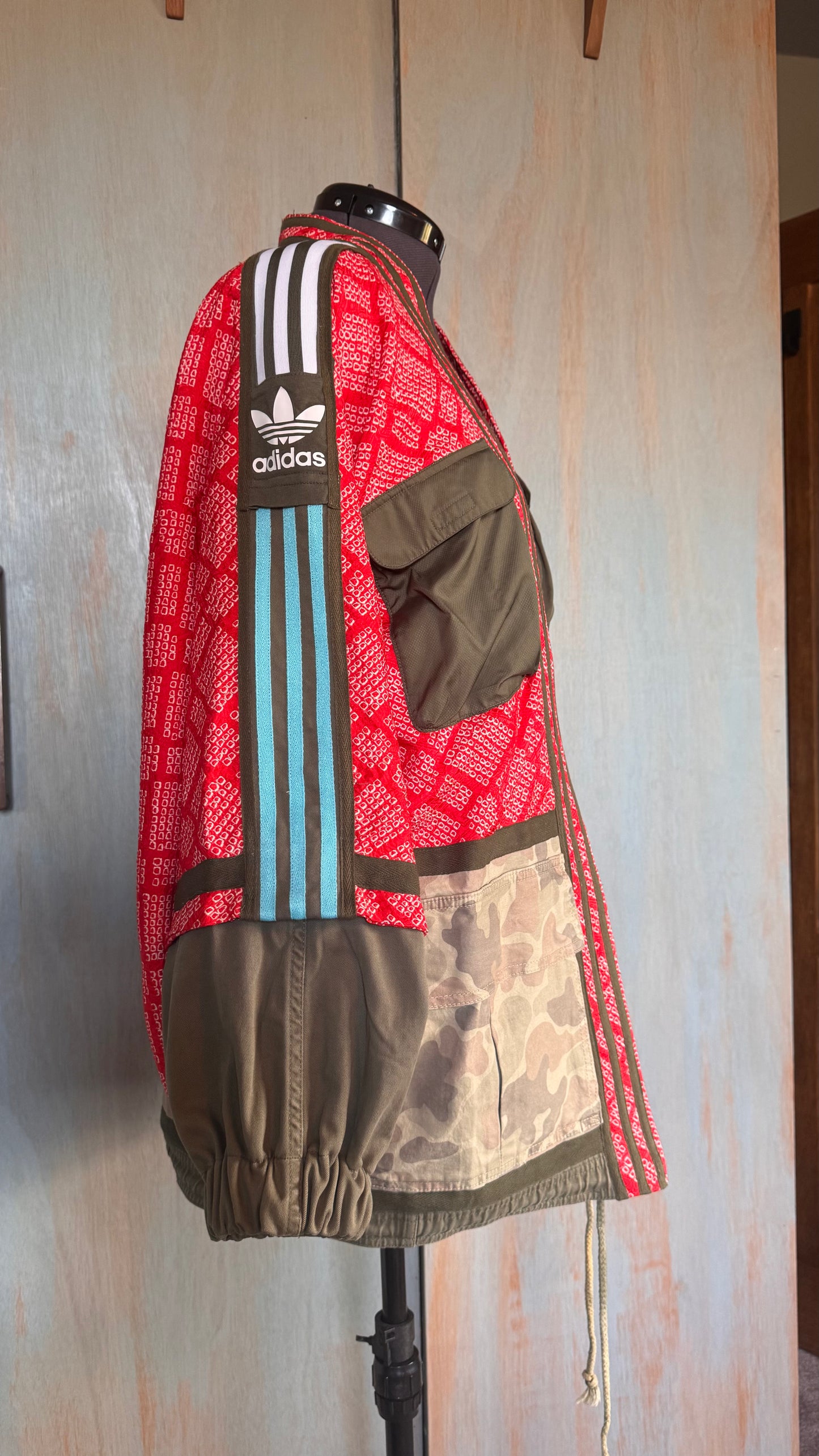 Red Haori kimono with camo utility detailing