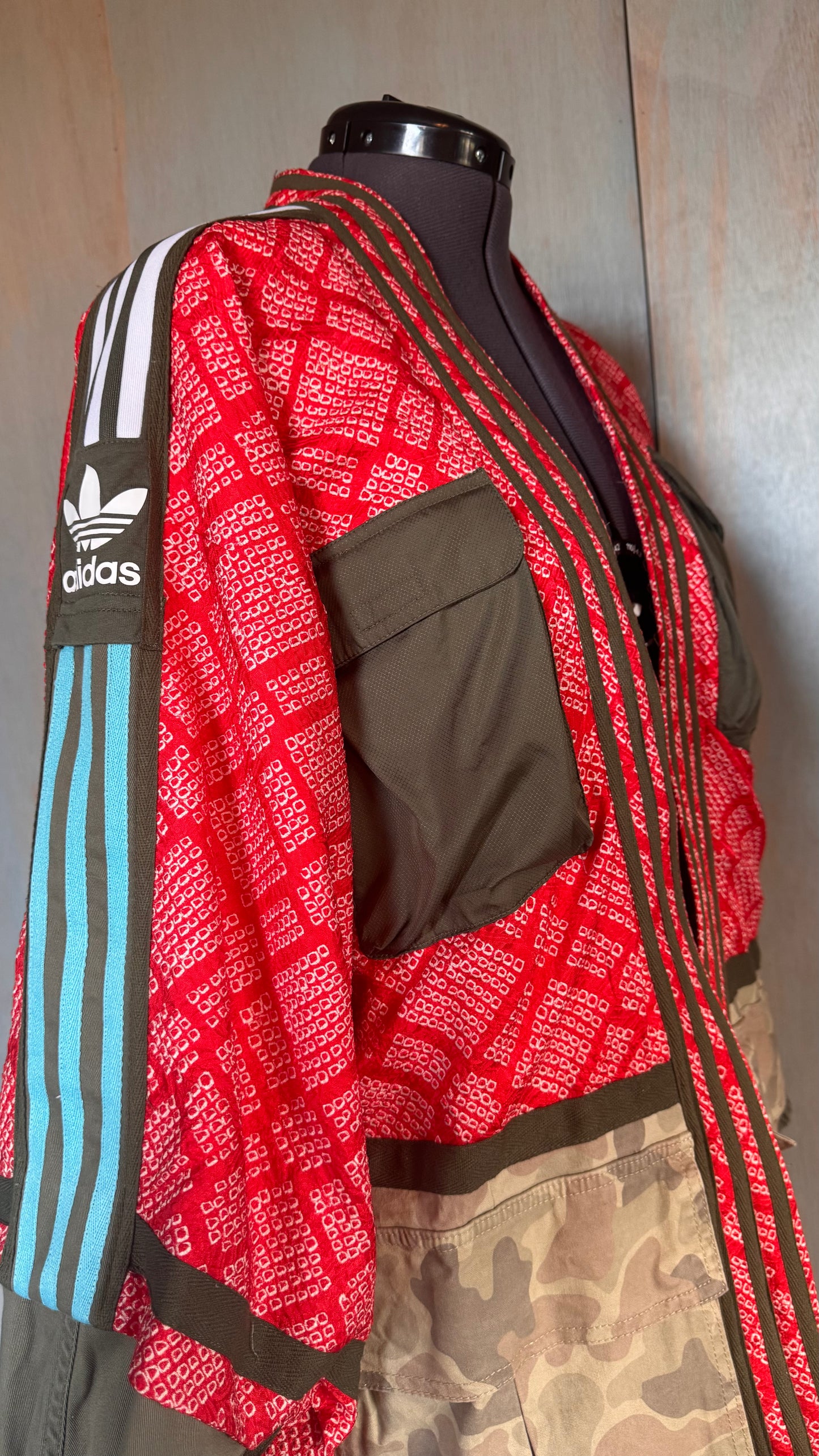 Red Haori kimono with camo utility detailing