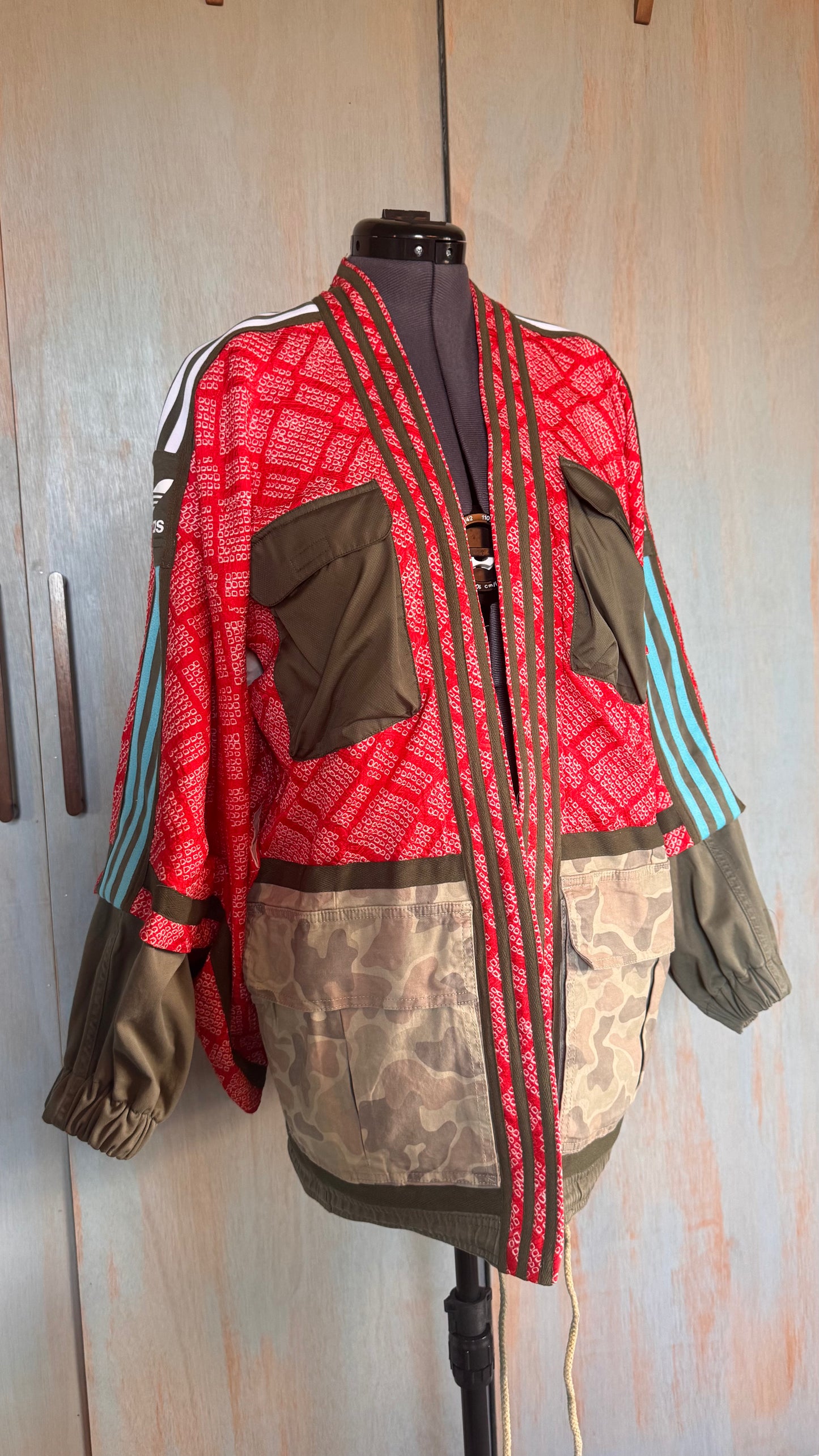 Red Haori kimono with camo utility detailing