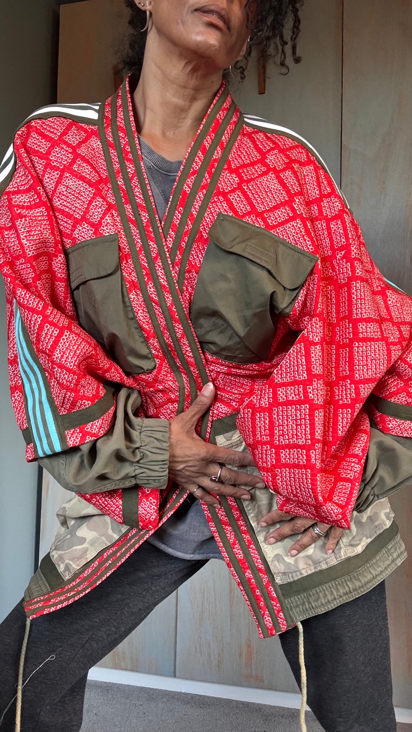 Red Haori kimono with camo utility detailing