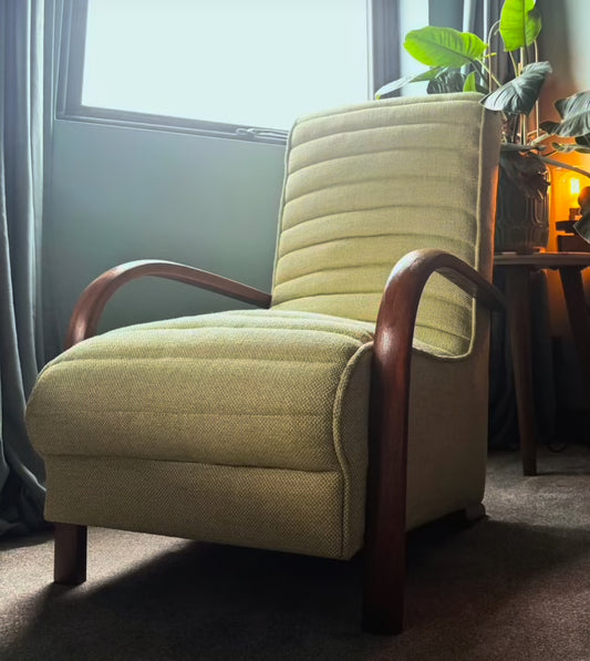 1930's vintage chair, Upholstered in Lime wool