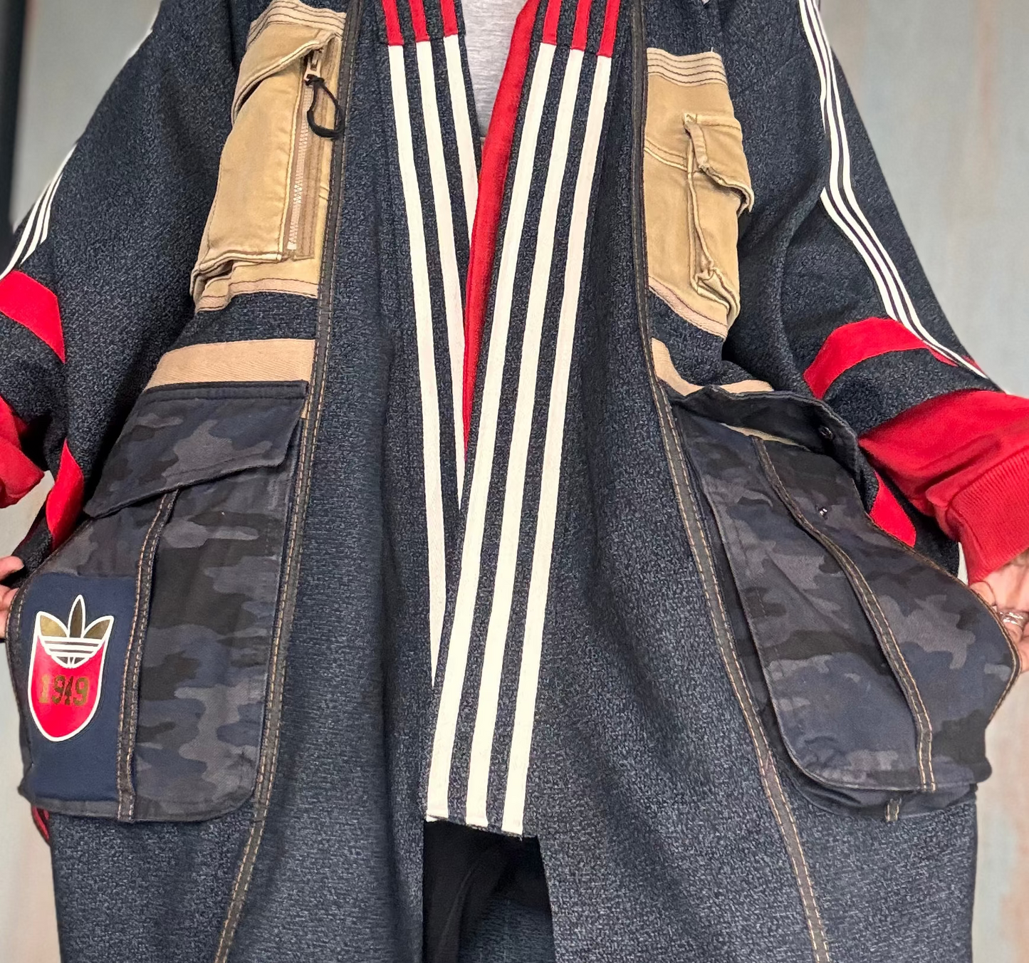 Oversized Wool Adidas Kimono – Hooded Retro Patchwork Utility Coat BLUE & RED