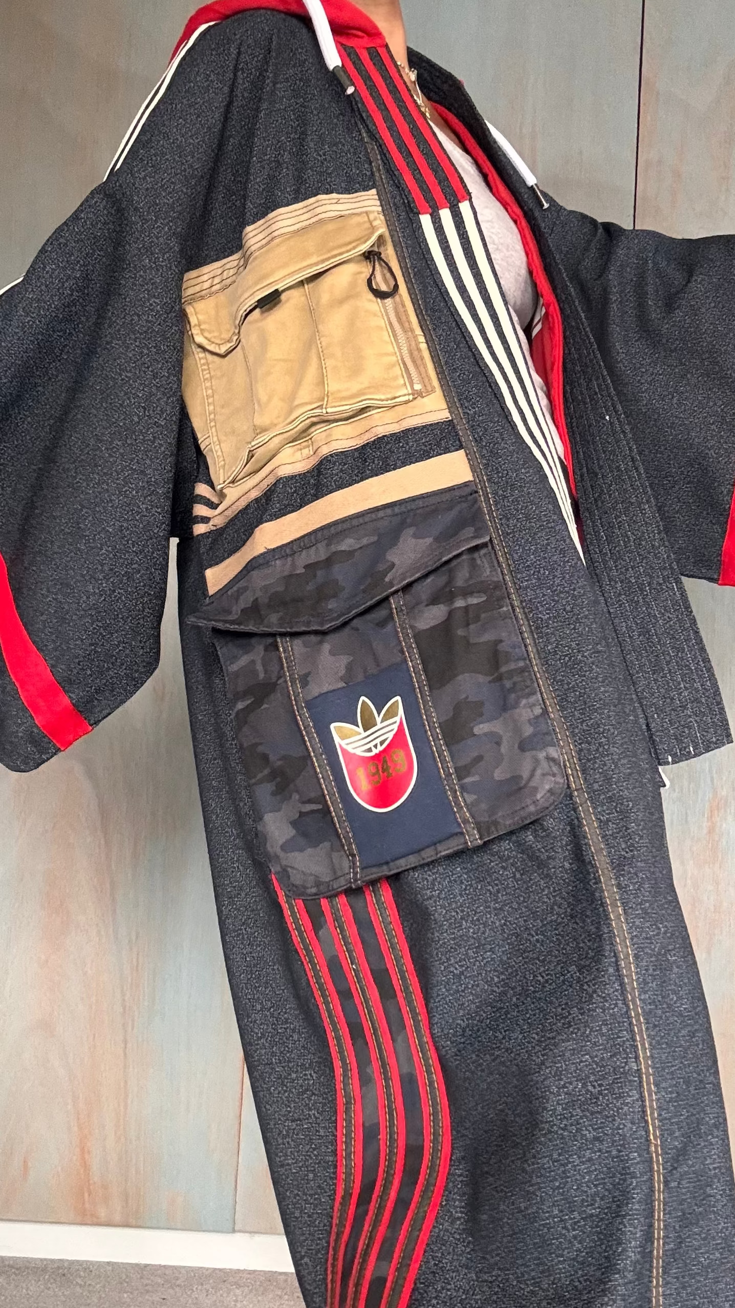 Oversized Wool Adidas Kimono – Hooded Retro Patchwork Utility Coat BLUE & RED
