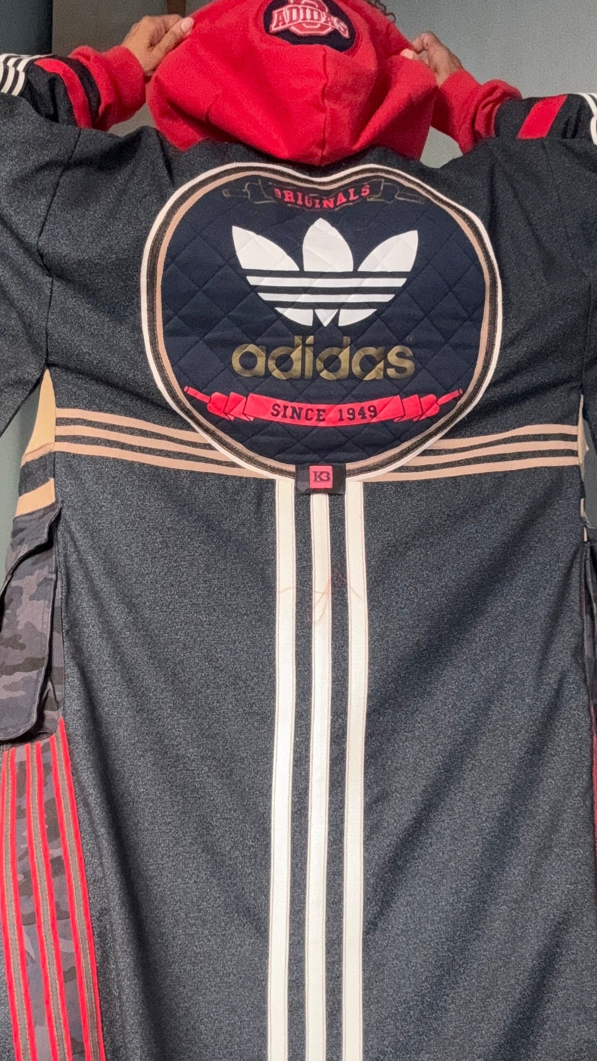Oversized Wool Adidas Kimono – Hooded Retro Patchwork Utility Coat BLUE & RED