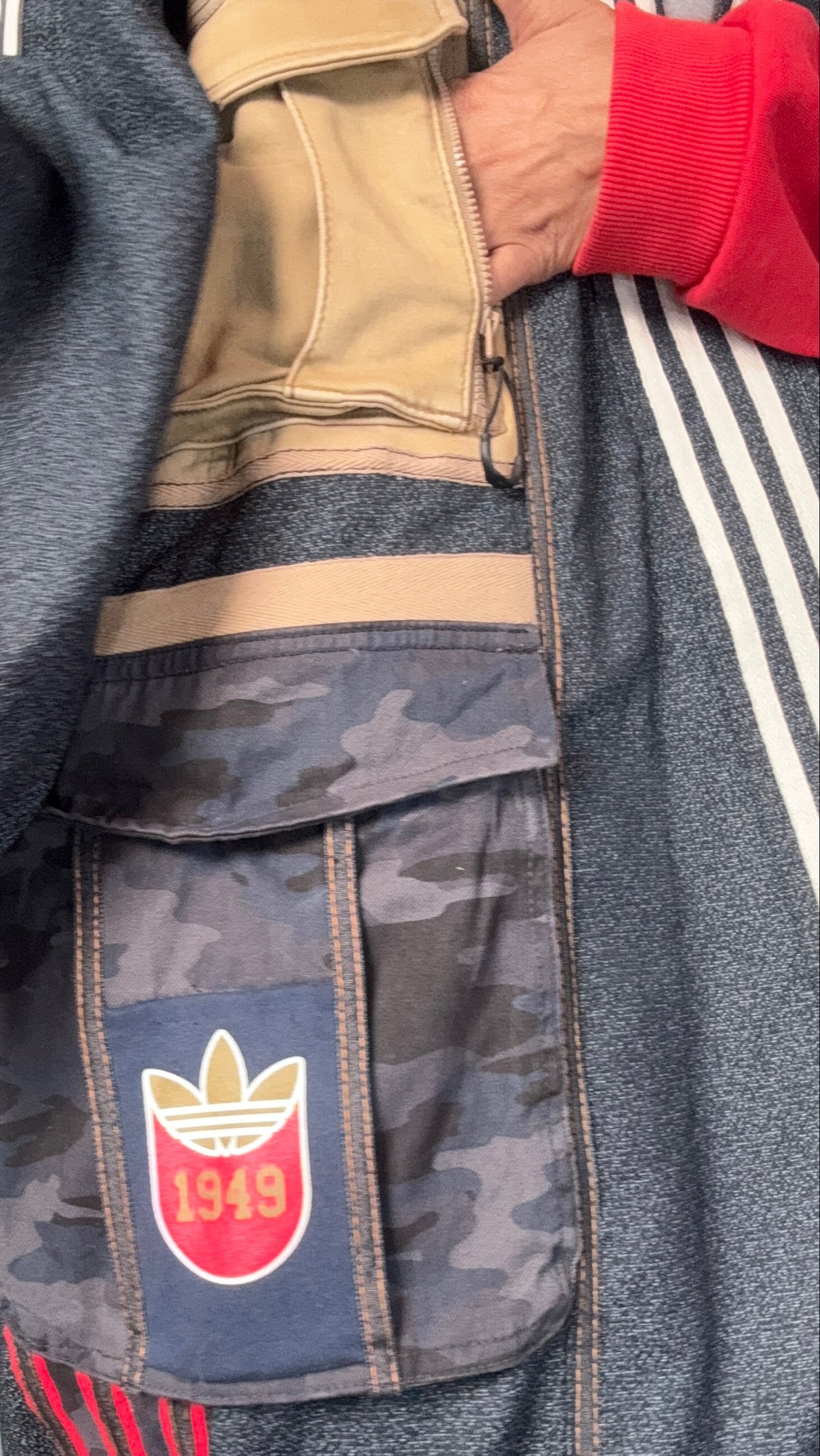 Oversized Wool Adidas Kimono – Hooded Retro Patchwork Utility Coat BLUE & RED