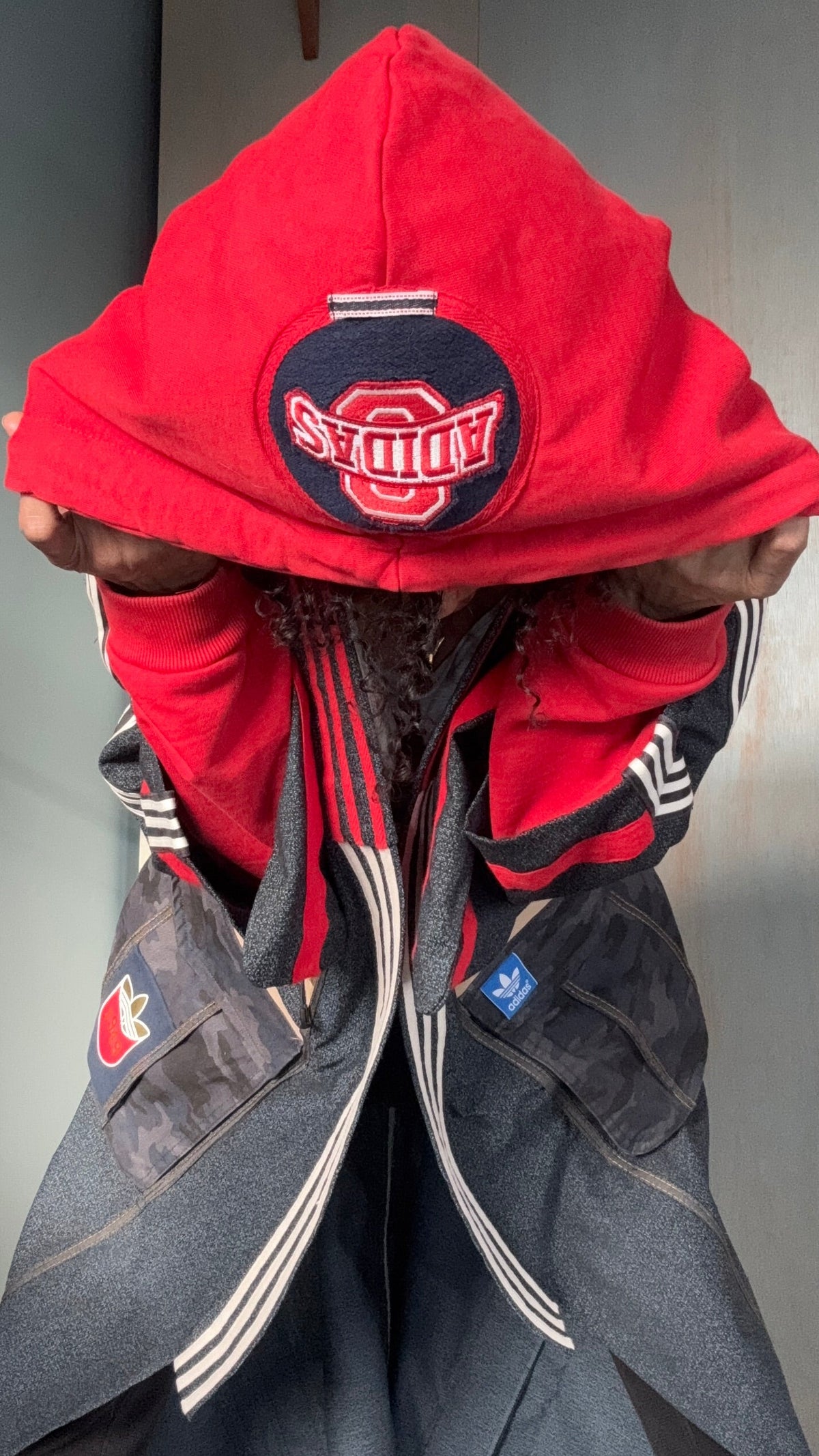 Oversized Wool Adidas Kimono – Hooded Retro Patchwork Utility Coat BLUE & RED
