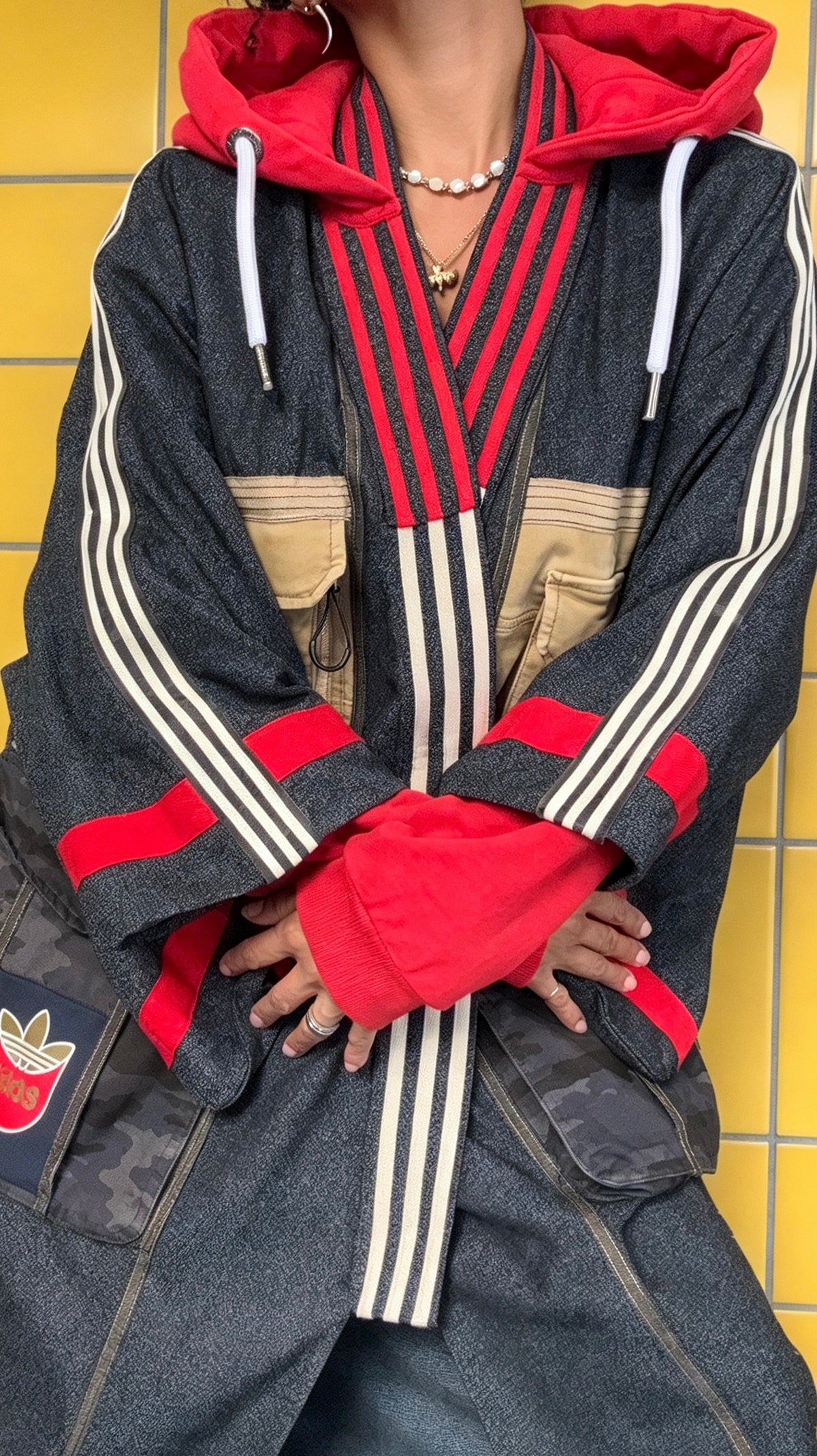 Oversized Wool Adidas Kimono – Hooded Retro Patchwork Utility Coat BLUE & RED