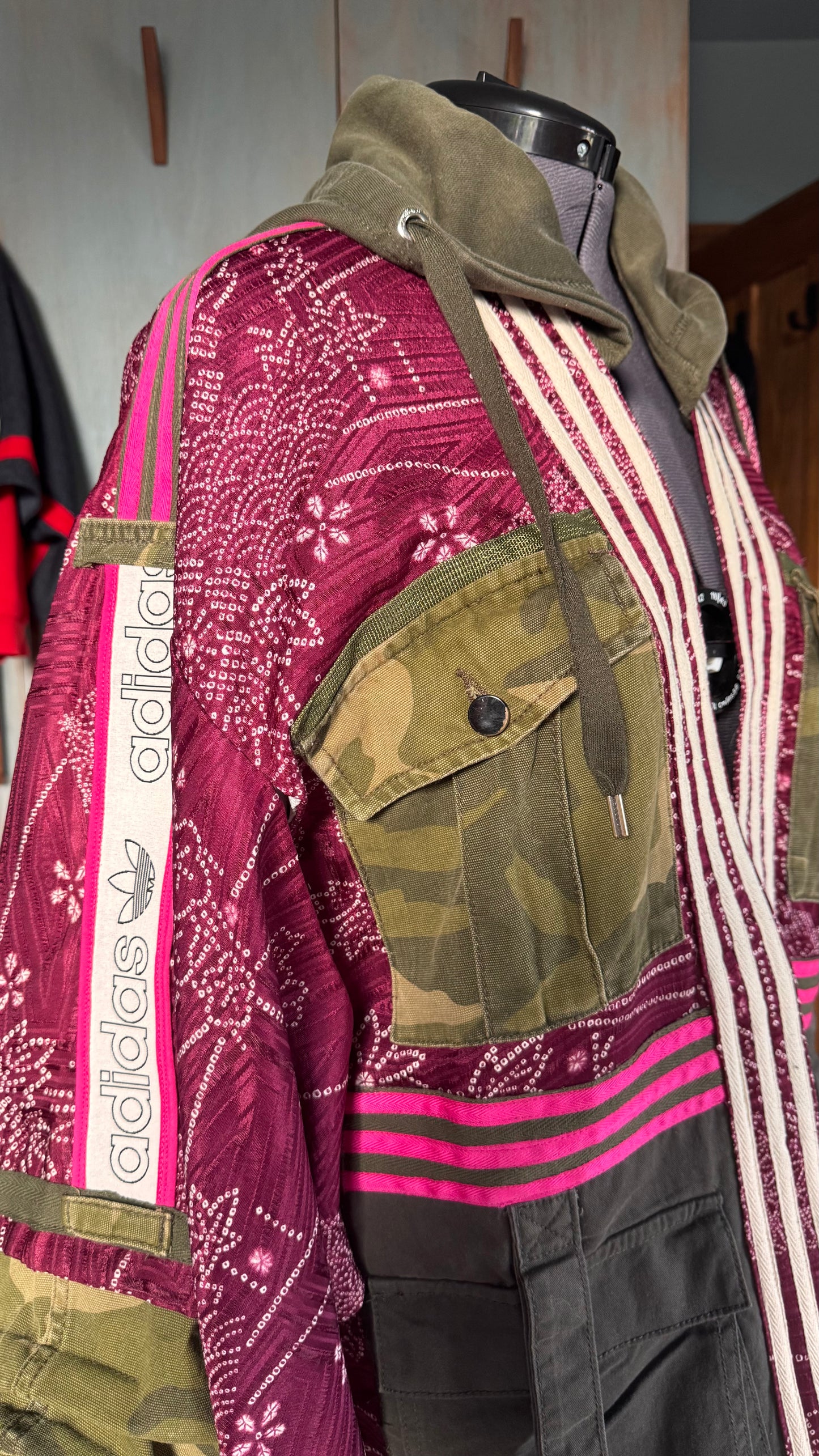 Burgundy Kimono Adidas logo - khaki hooded